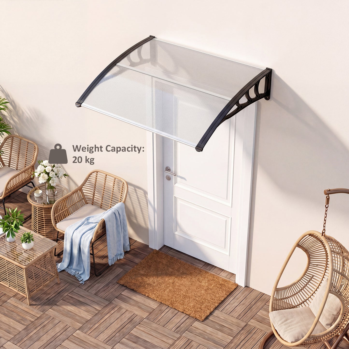 Costway Luifel voor Voordeur 100 x 76 cm Transparante Luifel met Enkelvoudige Boog van Polycarbonaat en Aluminium Transparant