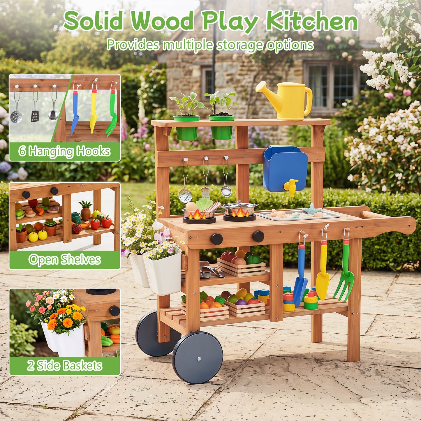 Costway Matschkeuken Kinder Buiten Speelkeuken Hout met Bloempotten 15 Accessoires Wielen Afneembare Watertank & Wasbak Kinderkeuken met Opbergvakken voor Kinderen vanaf 3 Jaar Natuur