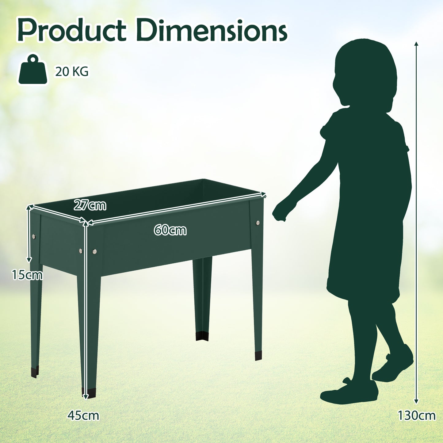 Costway Metalen Verhoogde Plantenbak tot 20 kg 60 x 27 x 45 cm Plantenbak met Afwateringsgaten Groen