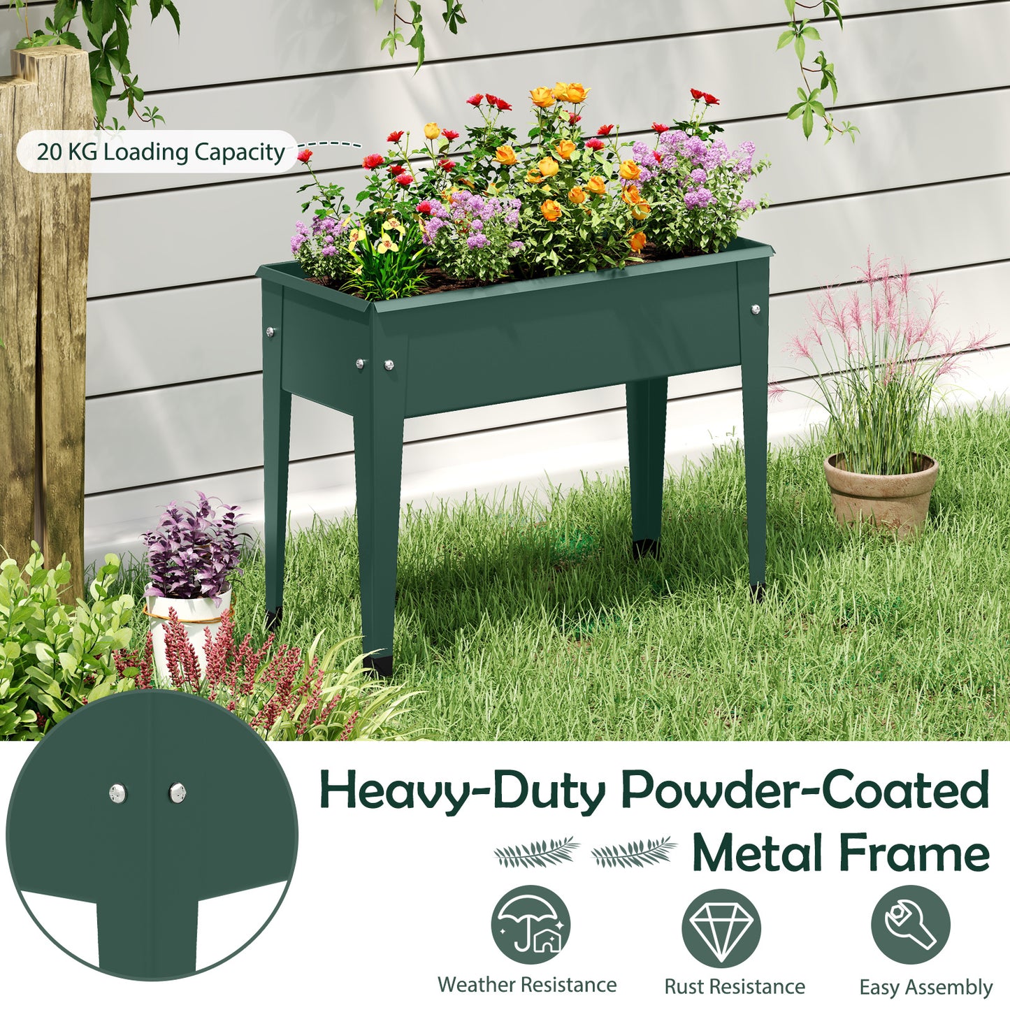 Costway Metalen Verhoogde Plantenbak tot 20 kg 60 x 27 x 45 cm Plantenbak met Afwateringsgaten Groen