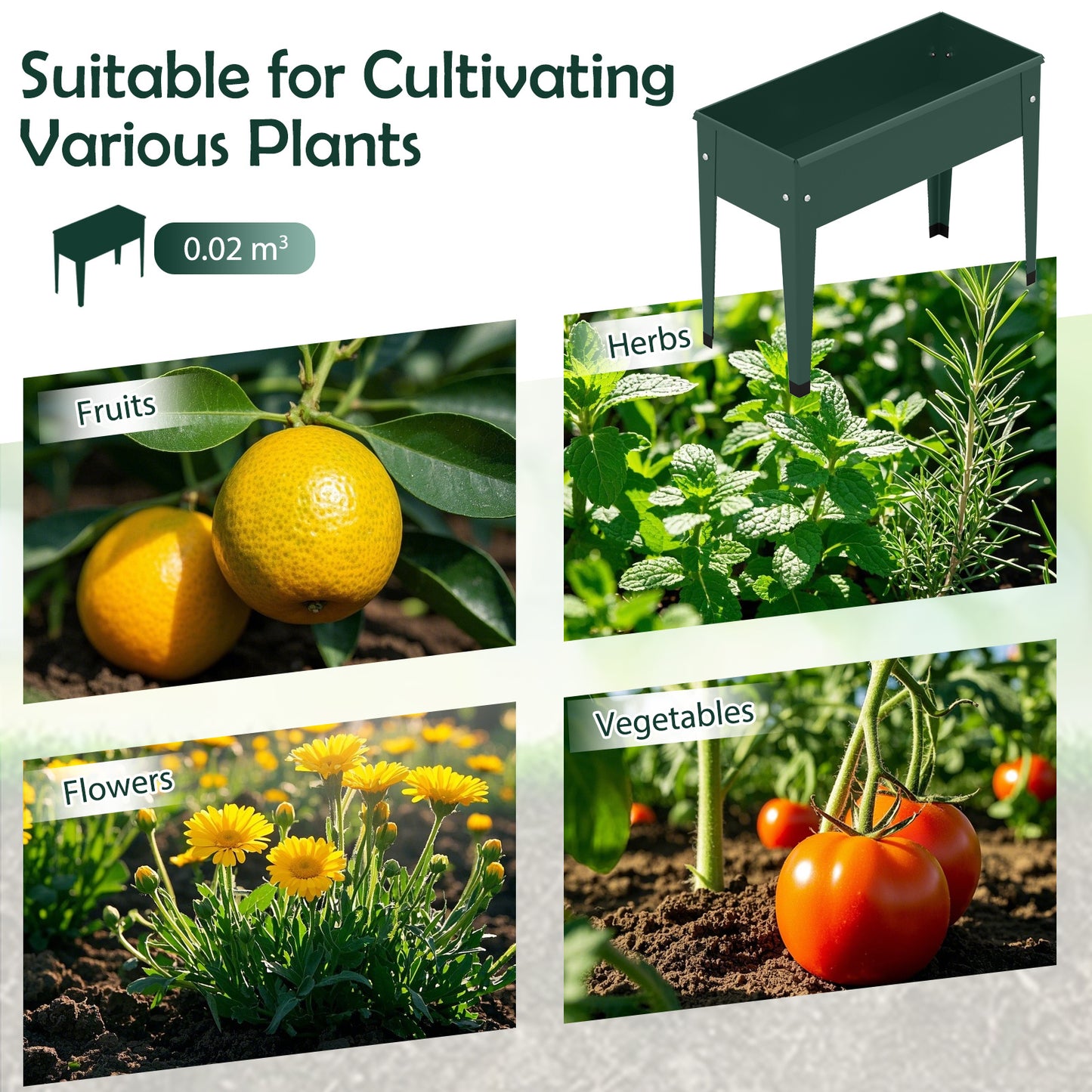 Costway Metalen Verhoogde Plantenbak tot 20 kg 60 x 27 x 45 cm Plantenbak met Afwateringsgaten Groen