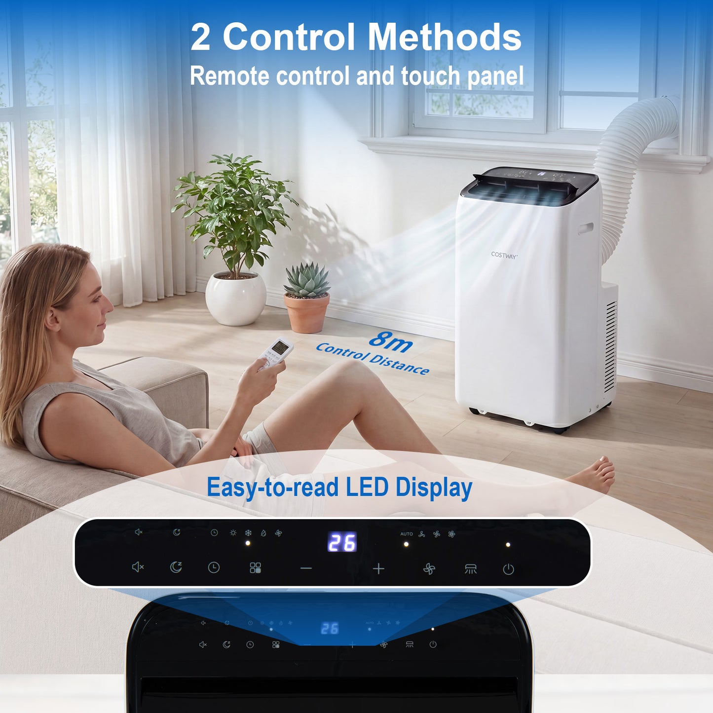Costway Mobiele Airconditioner met Afvoerslang 12.000 BTU 5-in-1-airconditioner met Koelen Verwarmen Ontvochtigen Ventilator en Slaapstand