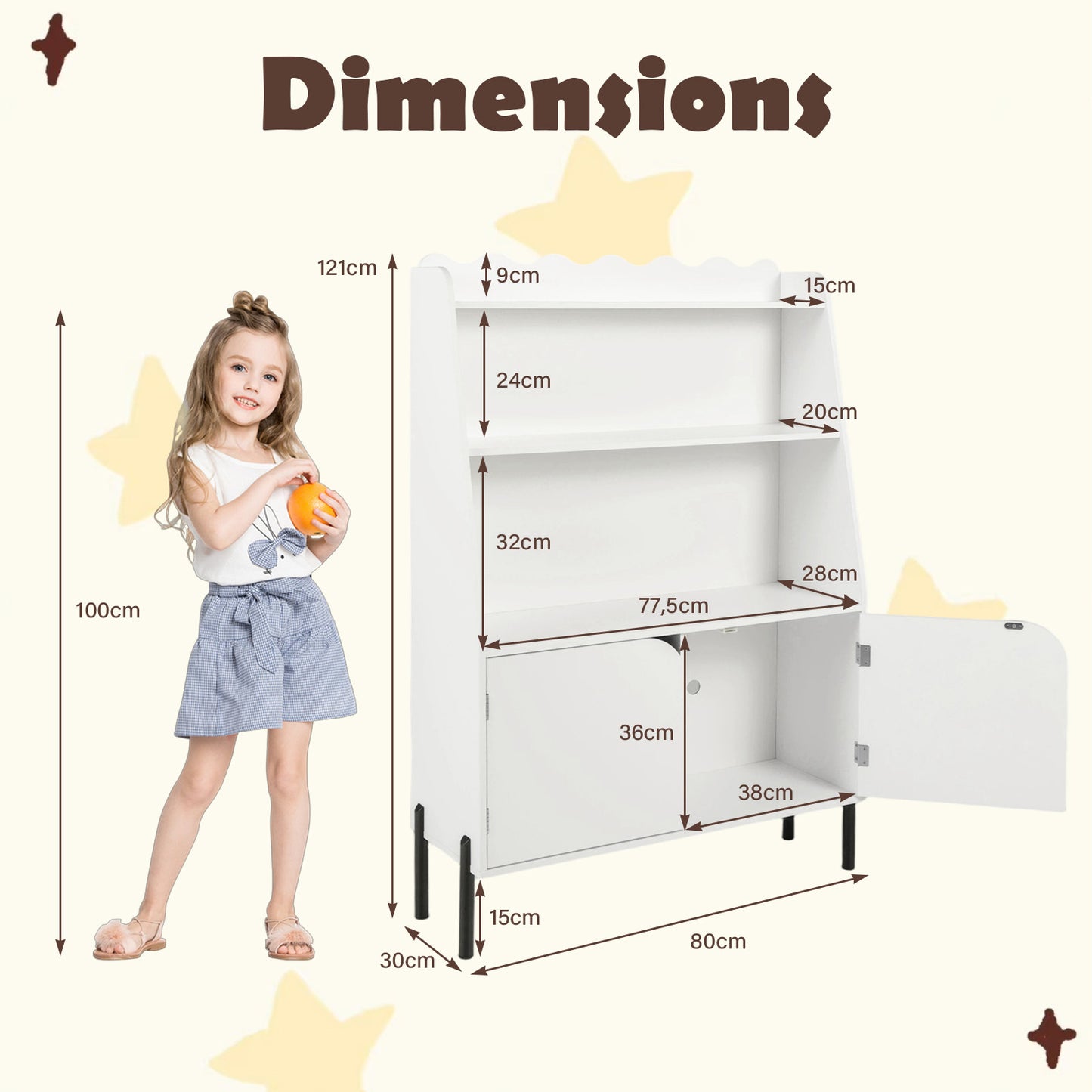 Costway Montessori Kinderrek met 3 Open Vakken en 2 Deuren 80x30x121 cm