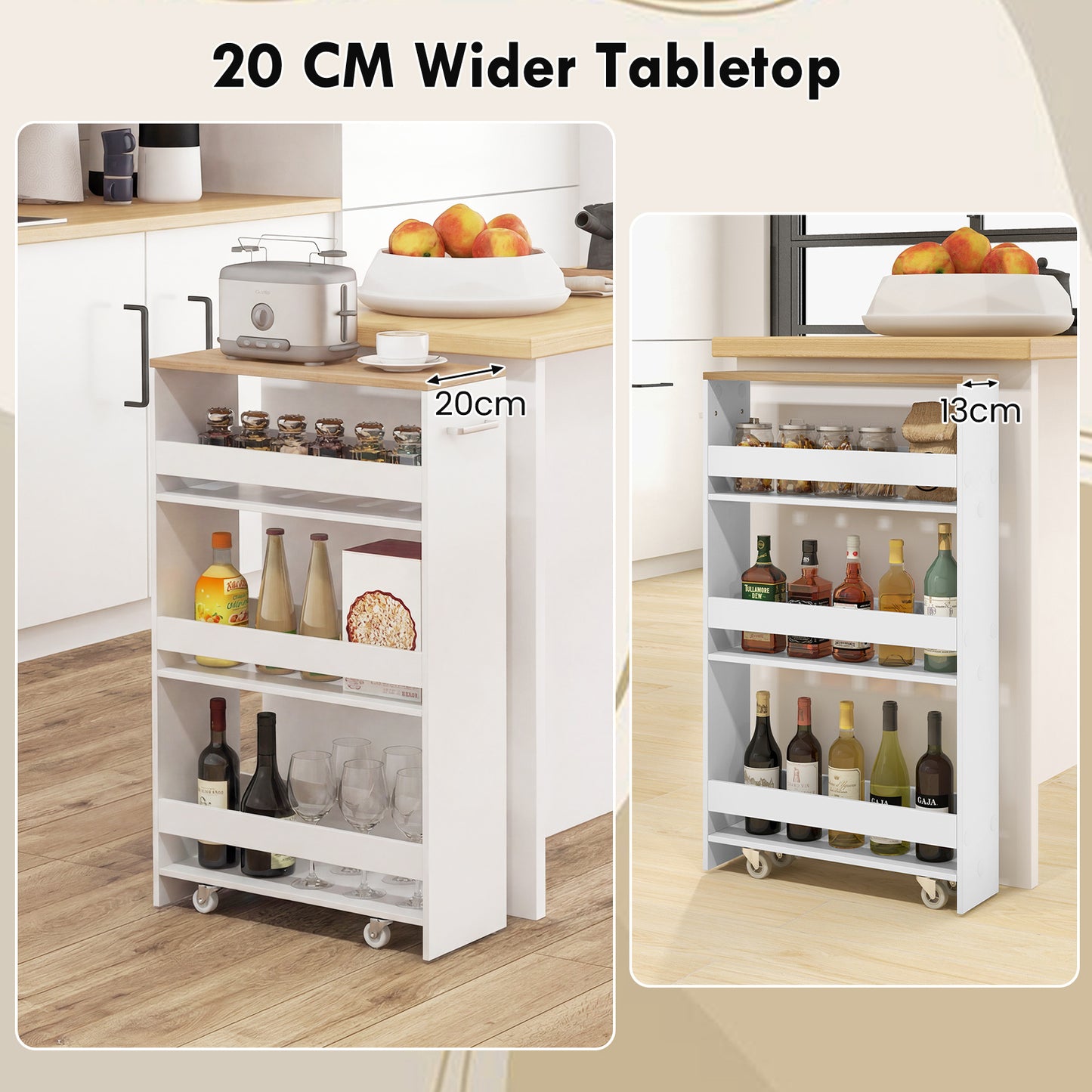 Costway Nissenwagen 20 cm Breed 4 Verdiepingen Keukenwagen Smal Nissenrek op Wielen 47,5 x 20 x 80,5 cm Wit+Naturel