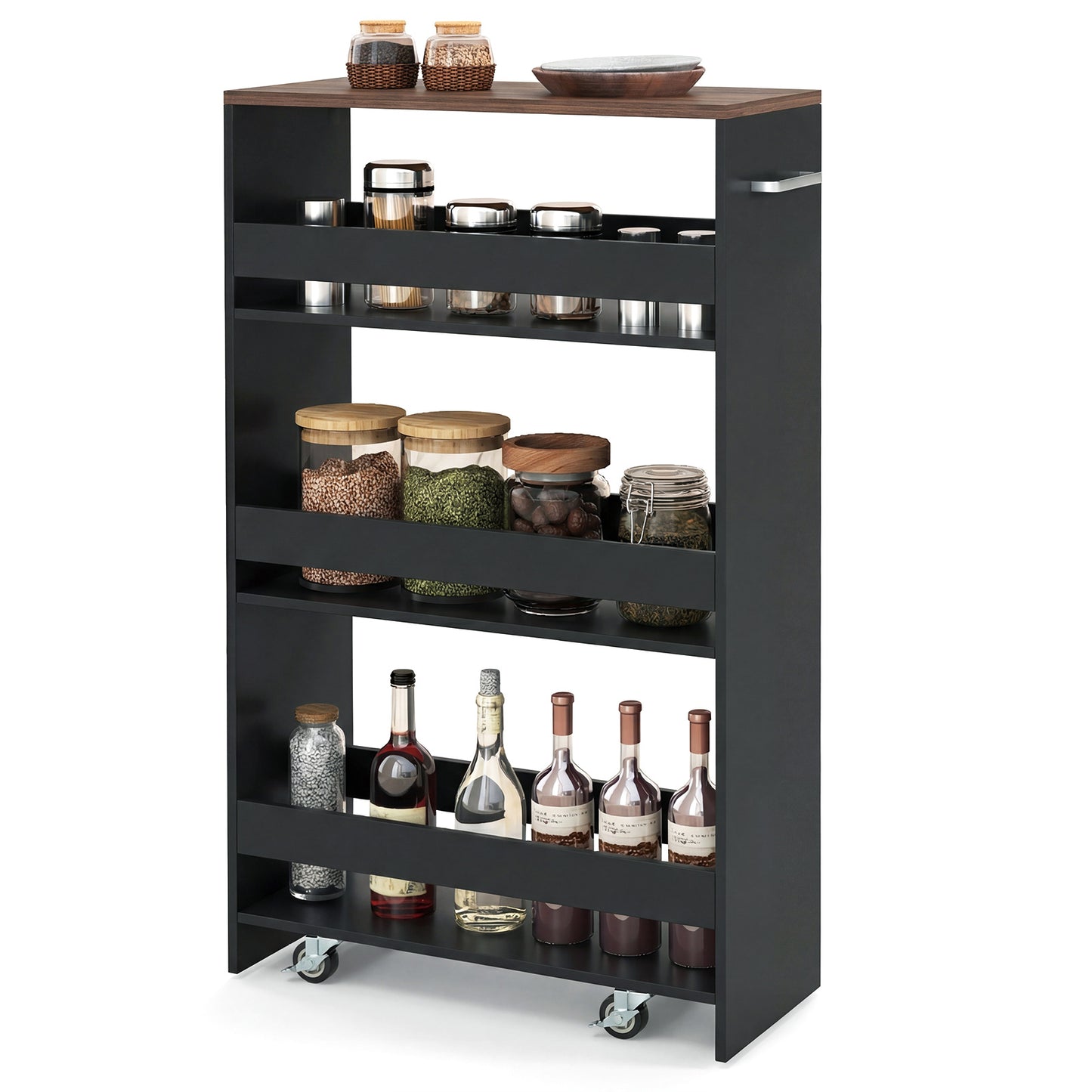Costway Nissenwagen 20 cm Breed 4 Verdiepingen Keukenwagen Smal Nissenrek op Wielen 47,5 x 20 x 80,5 cm Zwart+Bruin