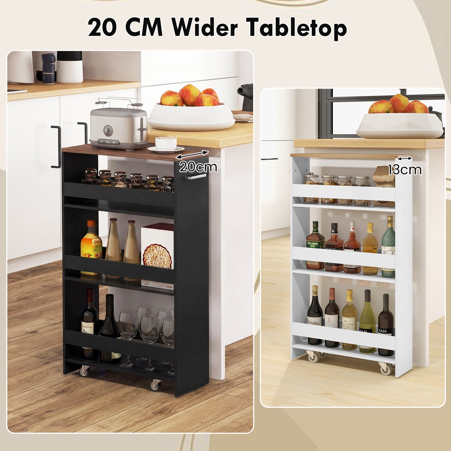 Costway Nissenwagen 20 cm Breed 4 Verdiepingen Keukenwagen Smal Nissenrek op Wielen 47,5 x 20 x 80,5 cm Zwart+Bruin