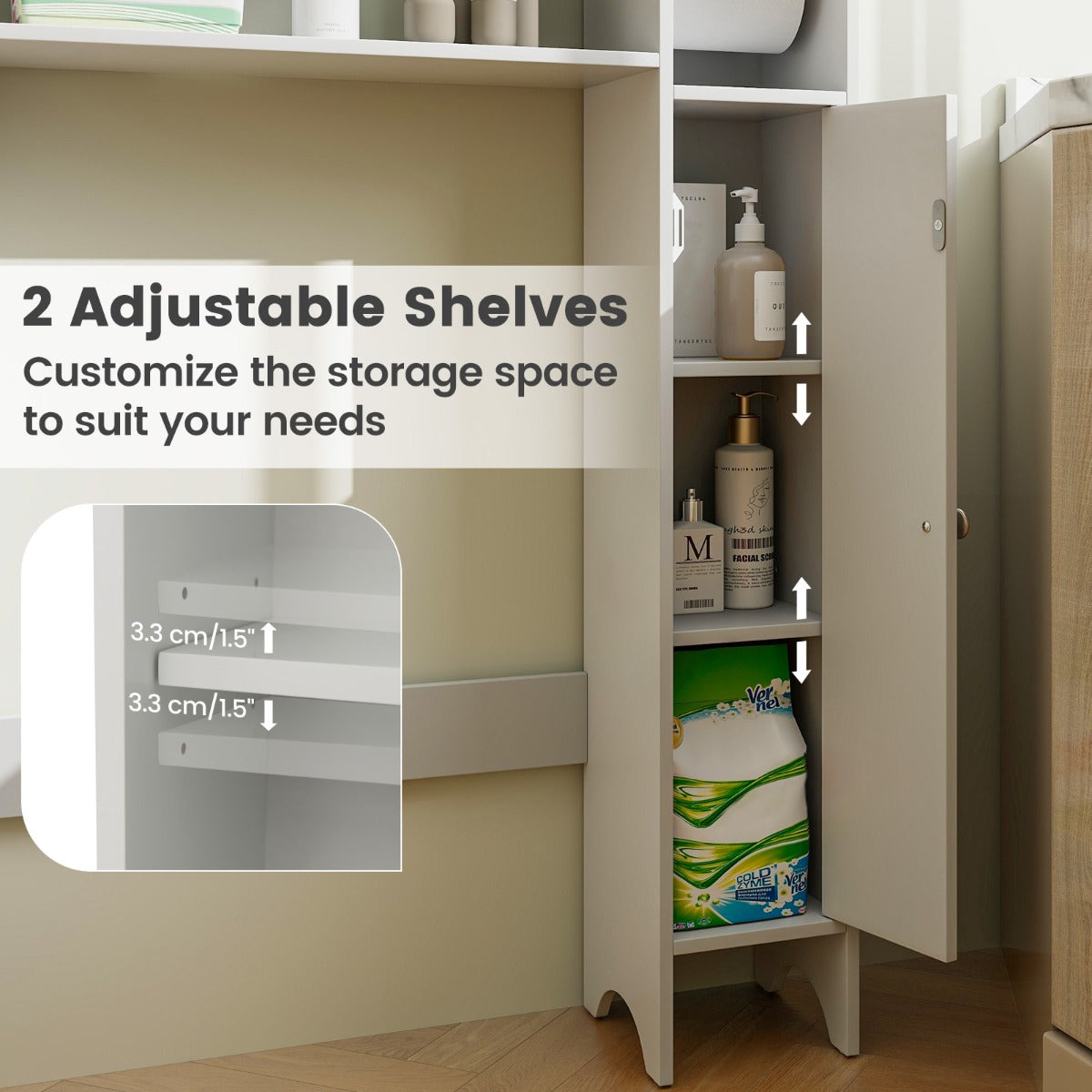 Costway Opbergkast Boven Toilet met Toiletrolhouder Verstelbare Planken Toiletkast Bovenbouwkast Toiletrek Badkamerrek Hout Wit