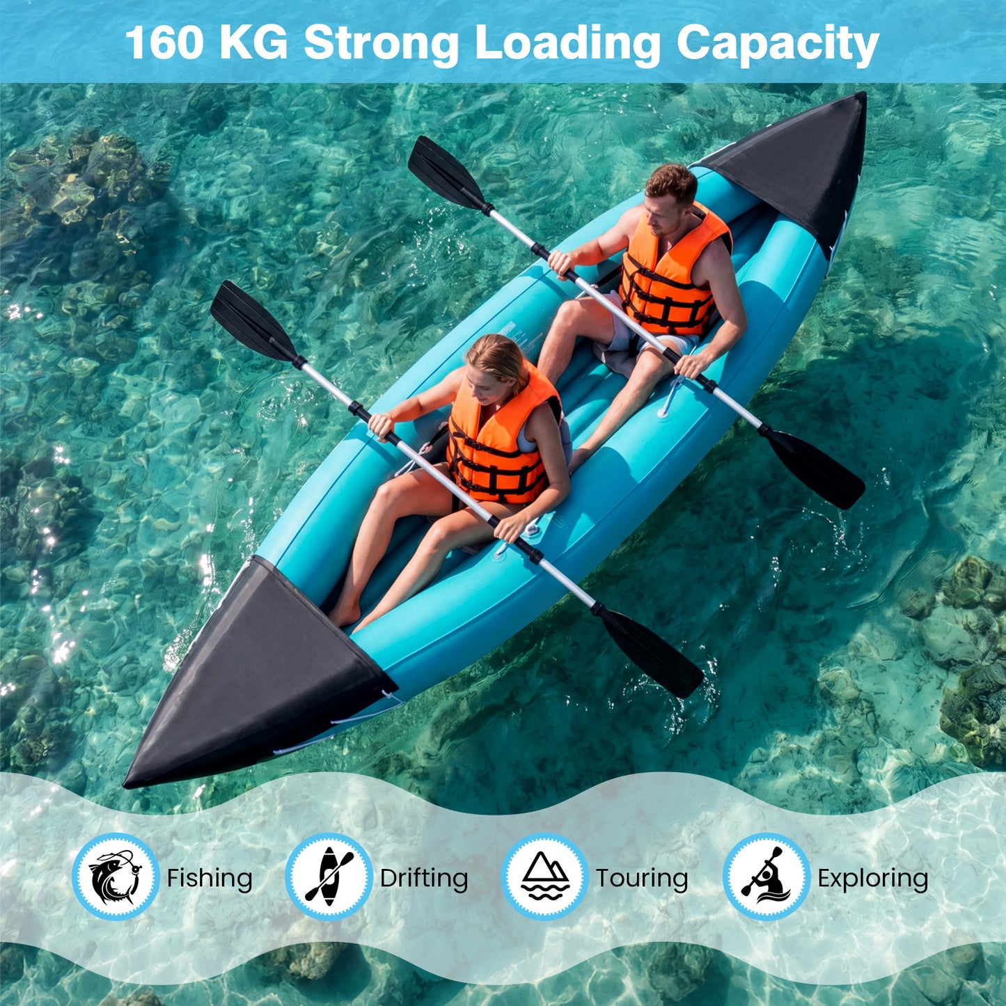 Costway Opblaasbaar Kajakset voor 2 Personen Opblaaskajak van PVC Peddelboot Opblaasboot tot 160 kg Belastbaar 321 x 92 x 45 cm