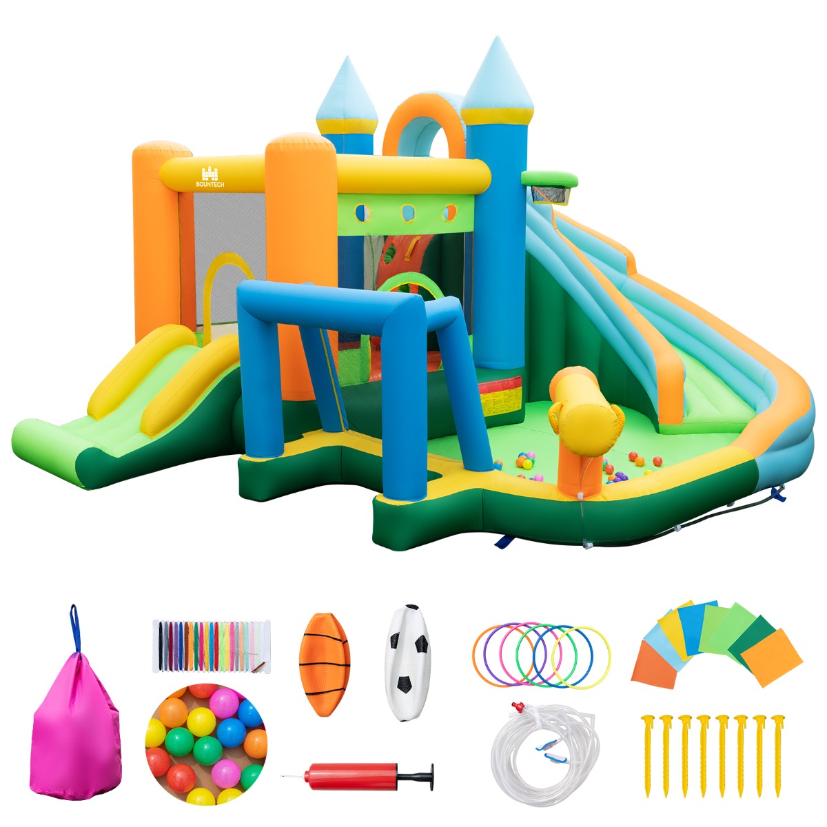 Costway Opblaasbaar Springkasteel Waterpark met 2 Glijbanen Kinderbadje Klimwand Waterwerper 50 Speelballen en Kleurrijke Ringen 463 x 395 x 251 cm