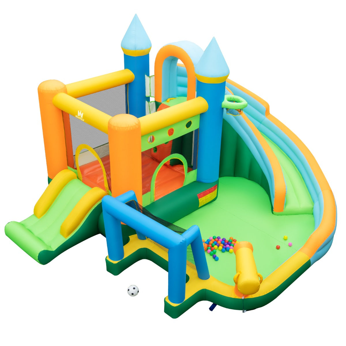 Costway Opblaasbaar Springkasteel Waterpark met 2 Glijbanen Kinderbadje Klimwand Waterwerper 50 Speelballen en Kleurrijke Ringen 463 x 395 x 251 cm