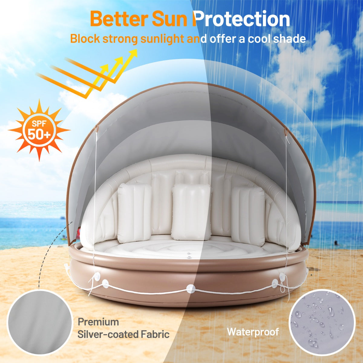 Costway Opblaasbaar Zwemereiland met Inklapbaar Dak Zwemereiland met 3 Comfortabele Kussens SPF 50+