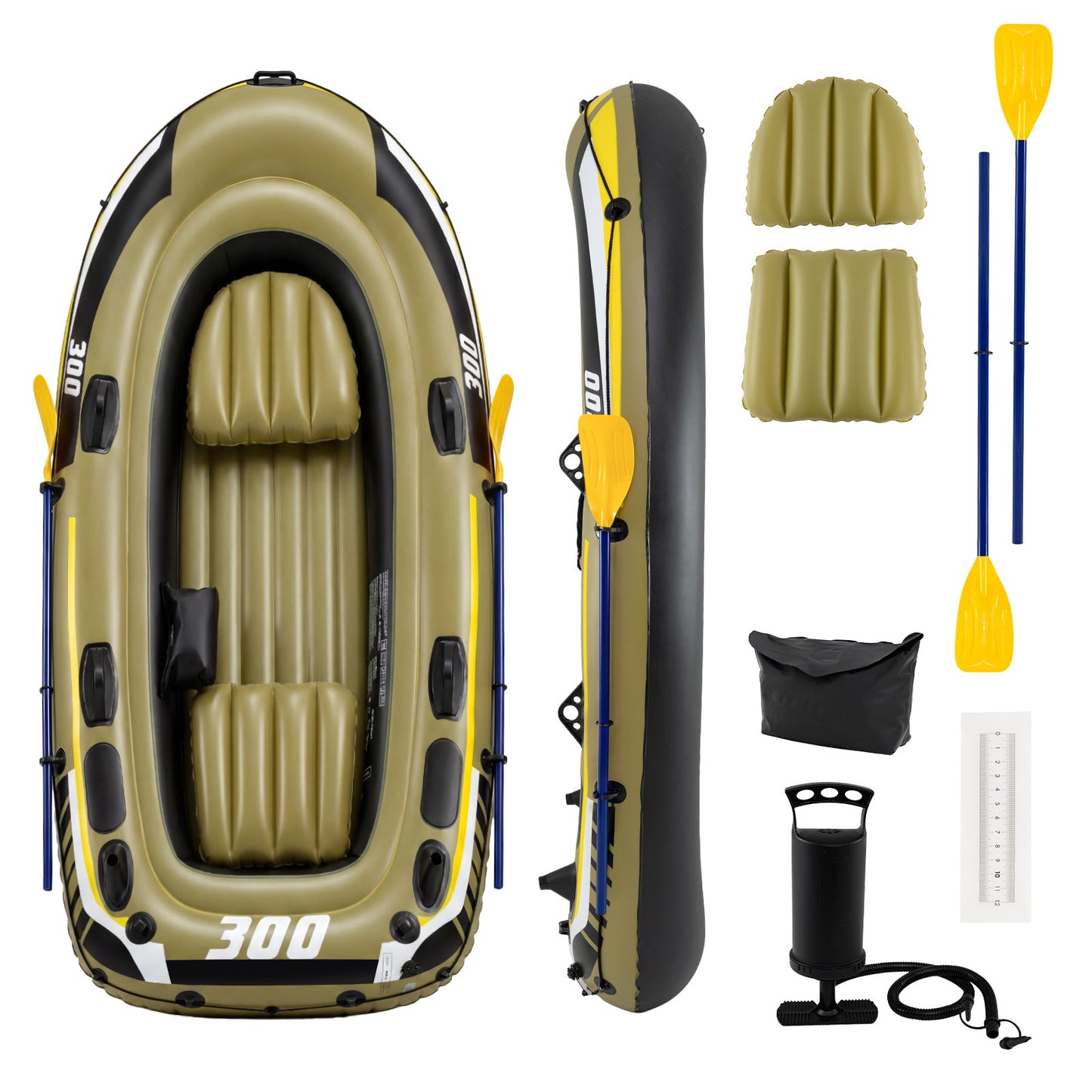 Costway Opblaasbare Rubberboot voor 2 Volwassenen & 1 Kind Vissersboot met 3 Luchtkamers Boston-ventielen