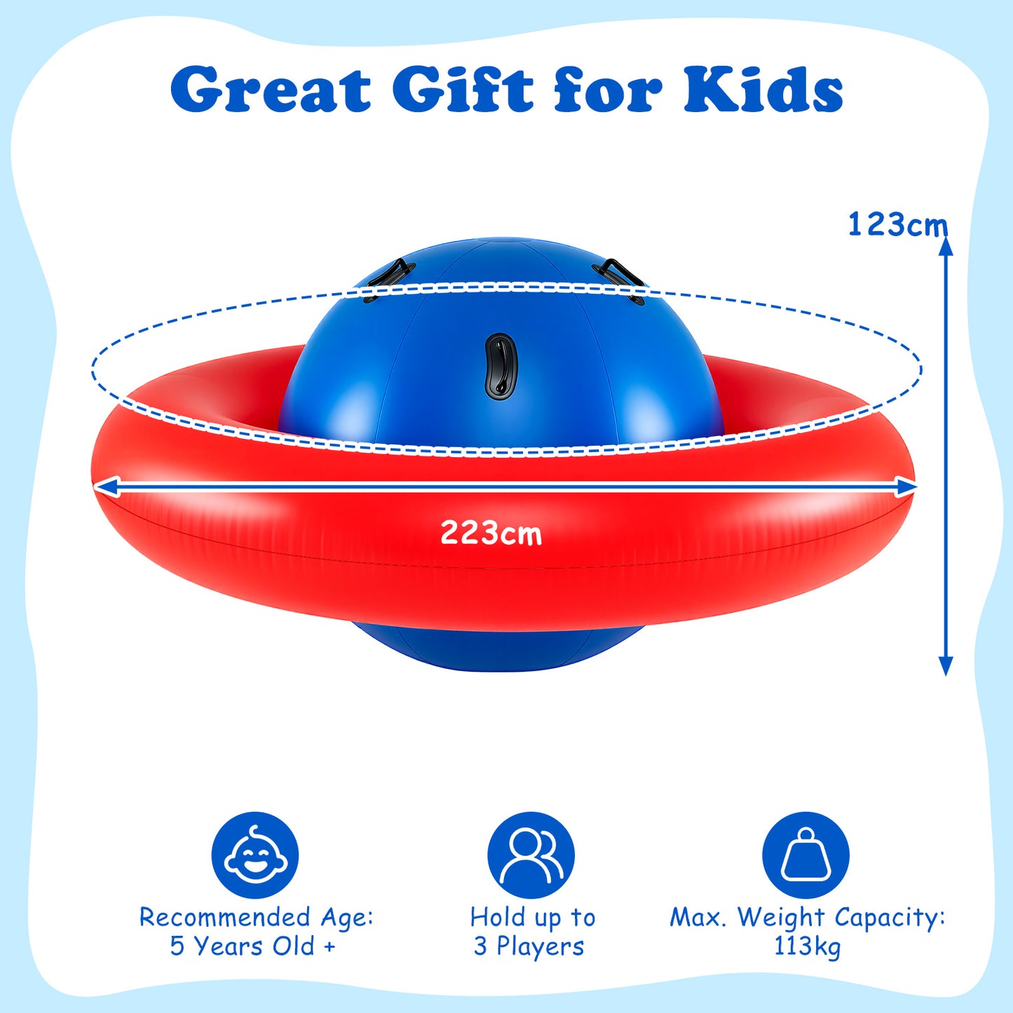 Costway Opblaasbare Schommelbal voor Kinderen 223 cm Kantel- en Springkussen met 6 Ingebouwde Handgrepen Binnen Buiten Rood+Blauw
