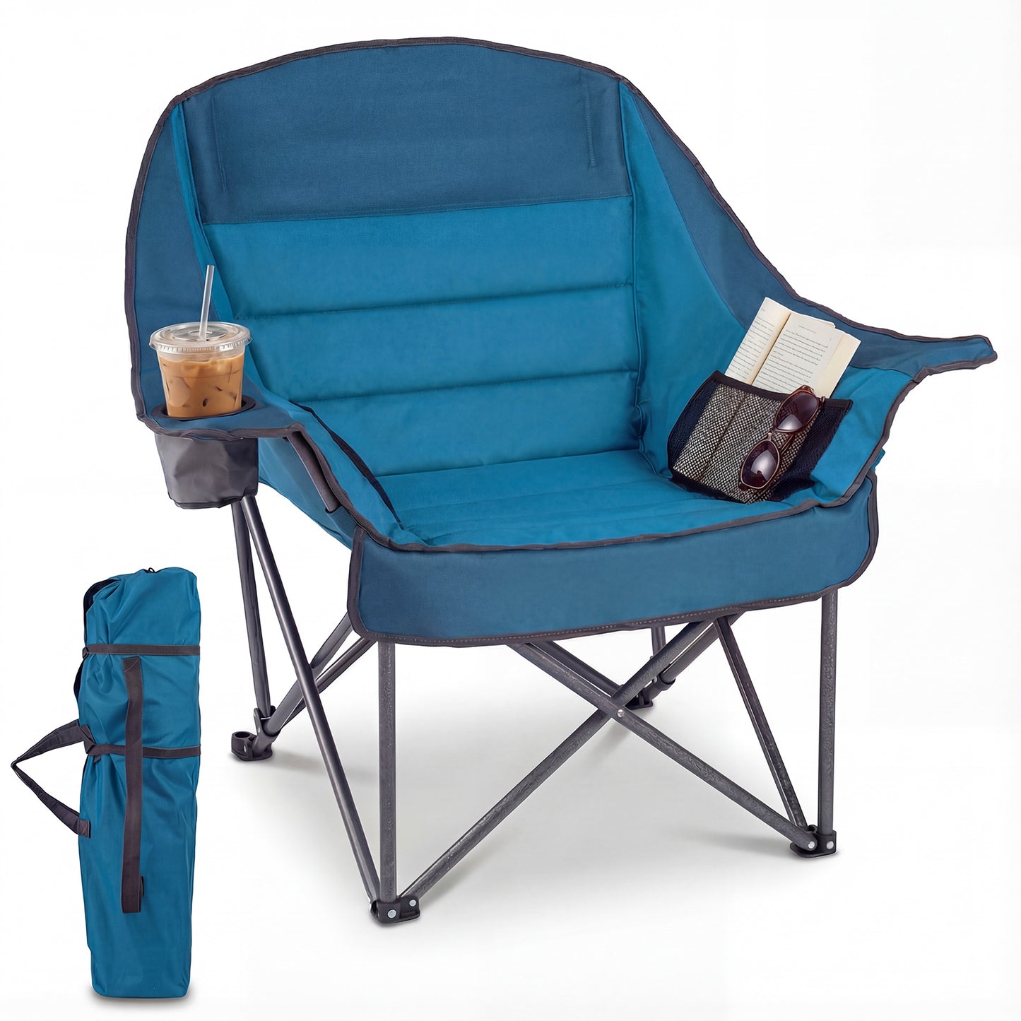Costway Opvouwbare Campingstoel met Kussen Inklapbare Stoel met Bekerhouder Netzakken en Tas Blauw