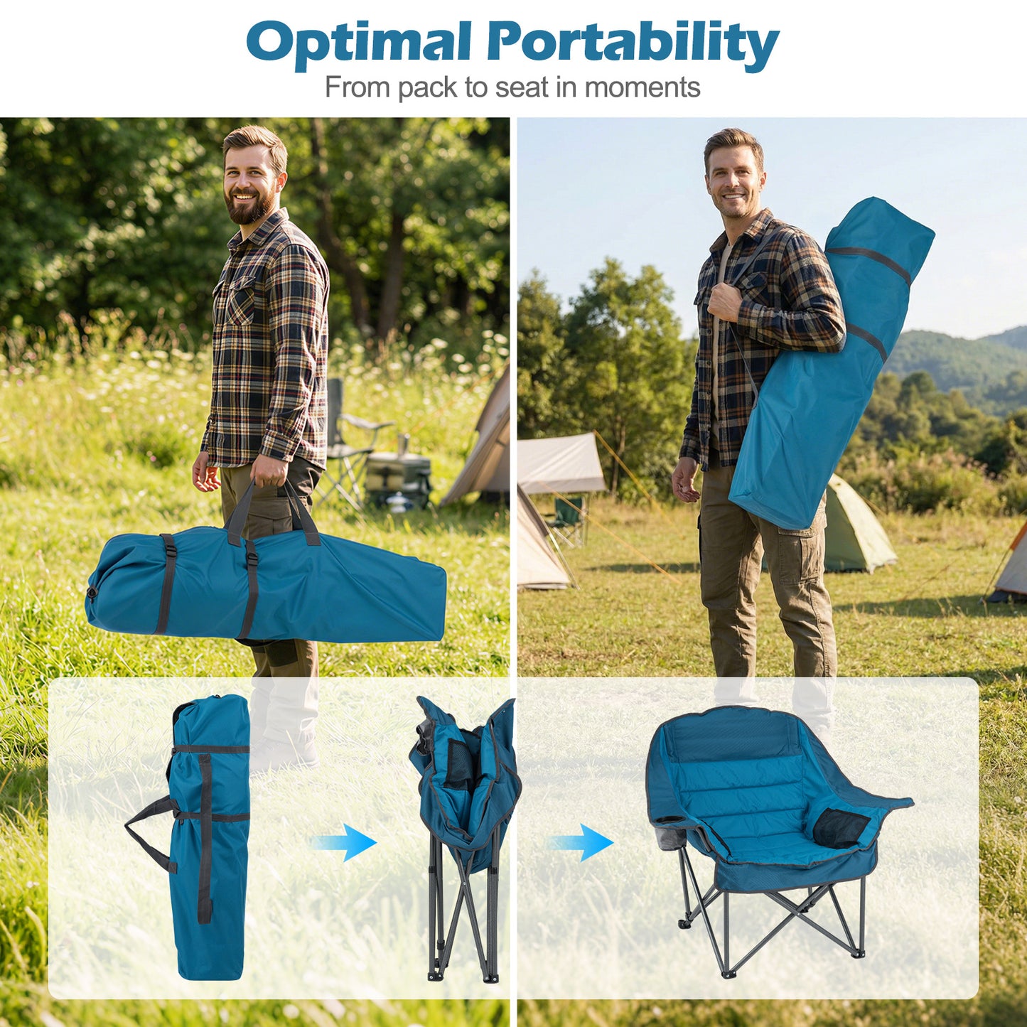 Costway Opvouwbare Campingstoel met Kussen Inklapbare Stoel met Bekerhouder Netzakken en Tas Blauw