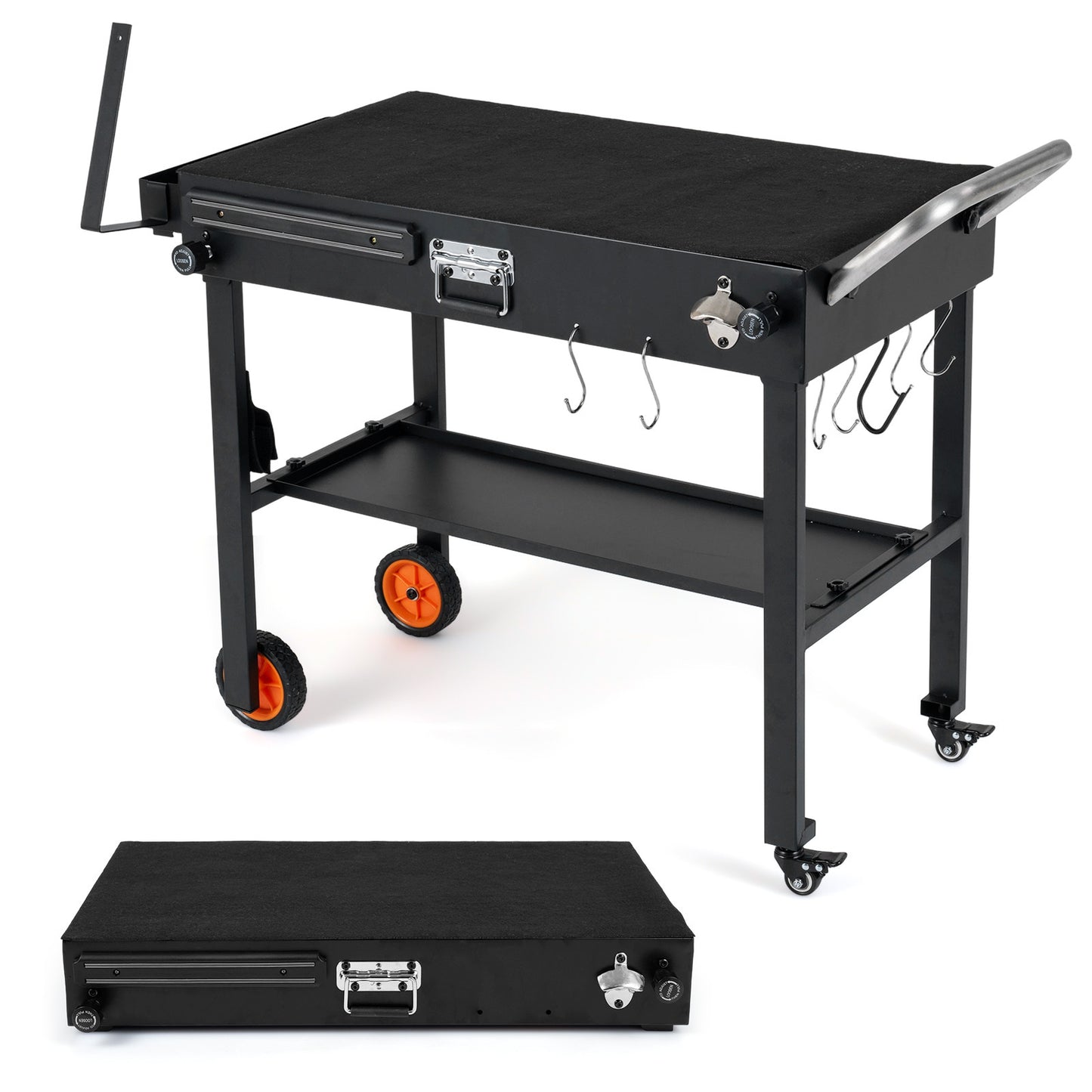 Costway Opvouwbare Grillwagen 82 x 46 cm Draagbare Grilltafel met Wielen Grillstandaard met Werkblad & Hittebeschermmat