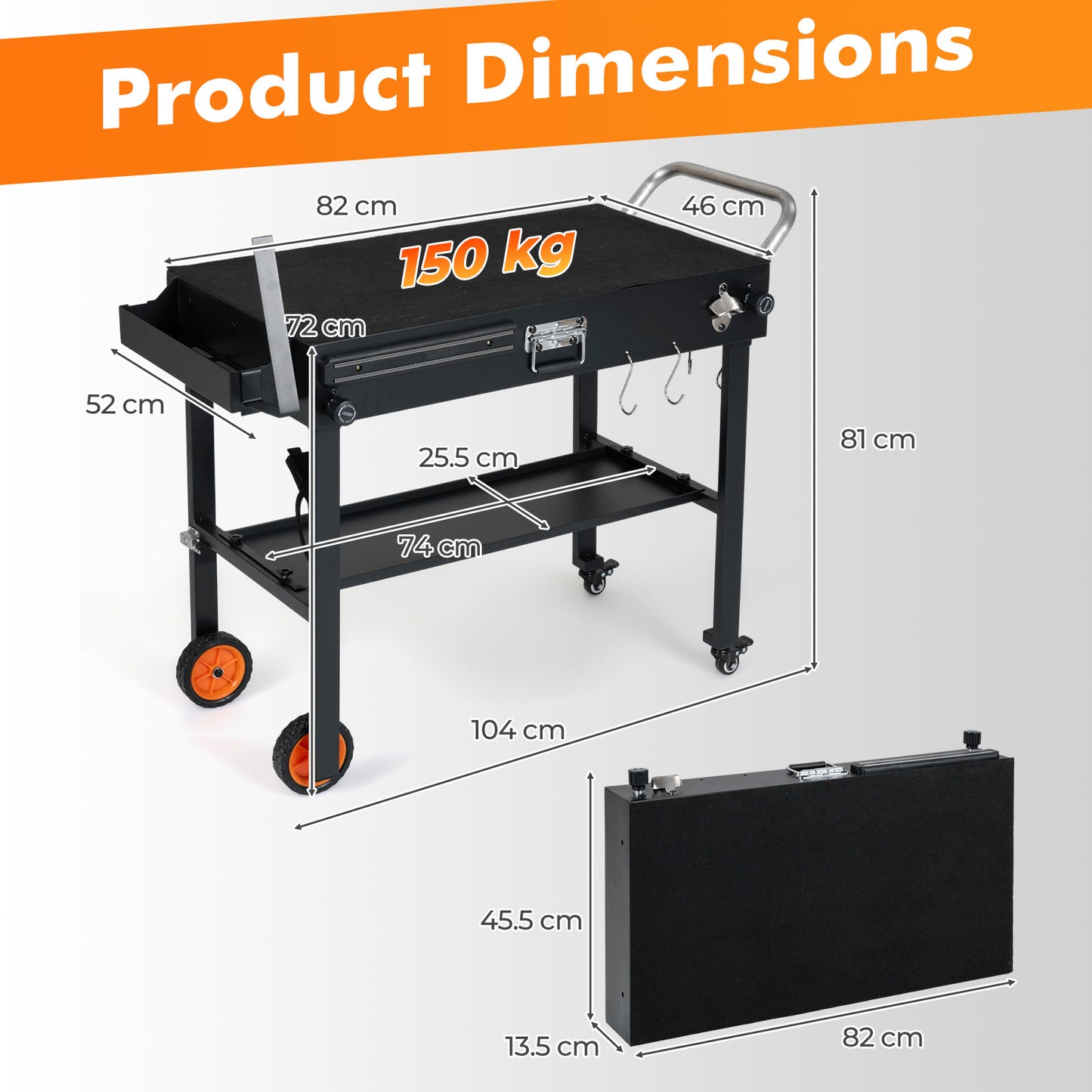 Costway Opvouwbare Grillwagen 82 x 46 cm Draagbare Grilltafel met Wielen Grillstandaard met Werkblad & Hittebeschermmat