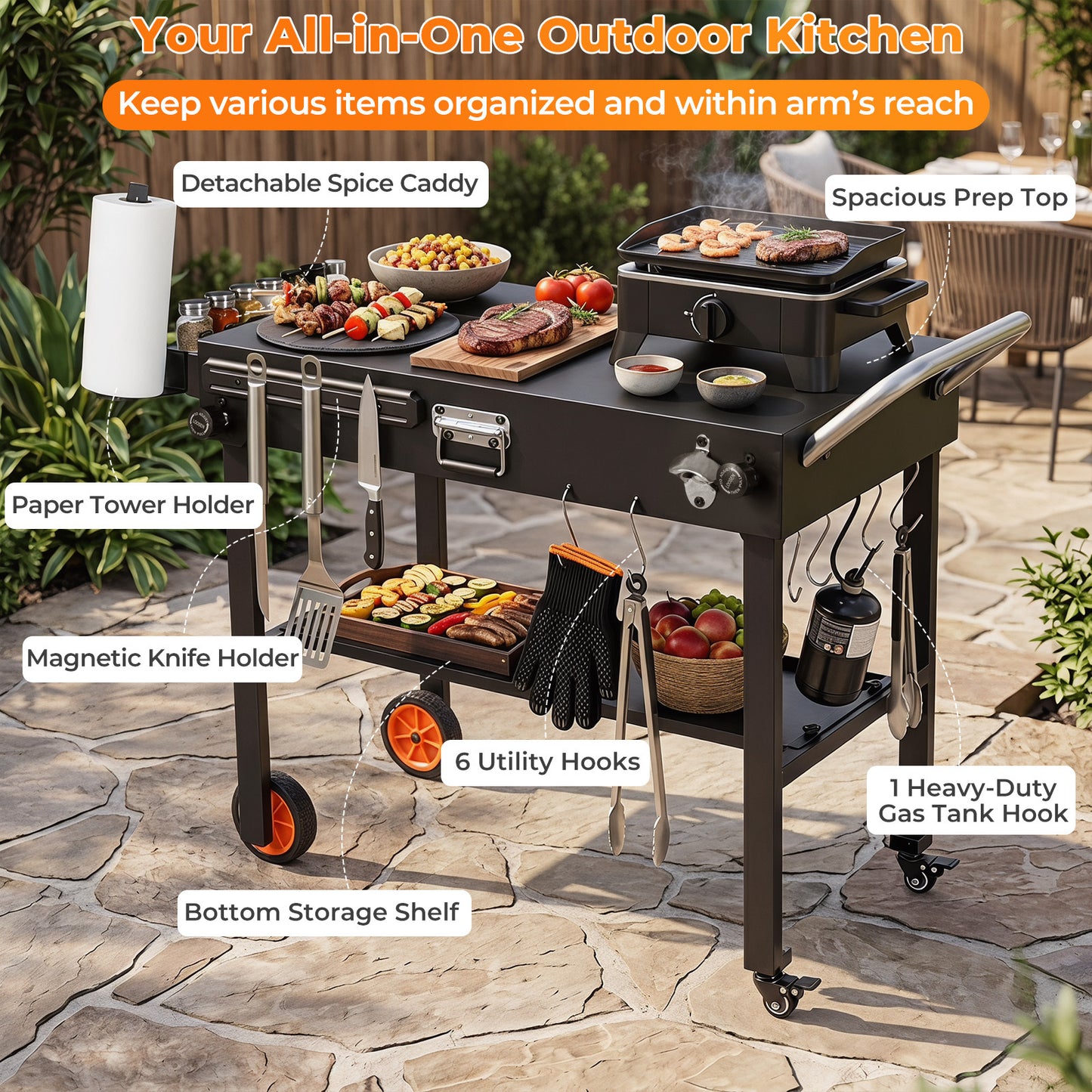 Costway Opvouwbare Grillwagen 82 x 46 cm Draagbare Grilltafel met Wielen Grillstandaard met Werkblad & Hittebeschermmat