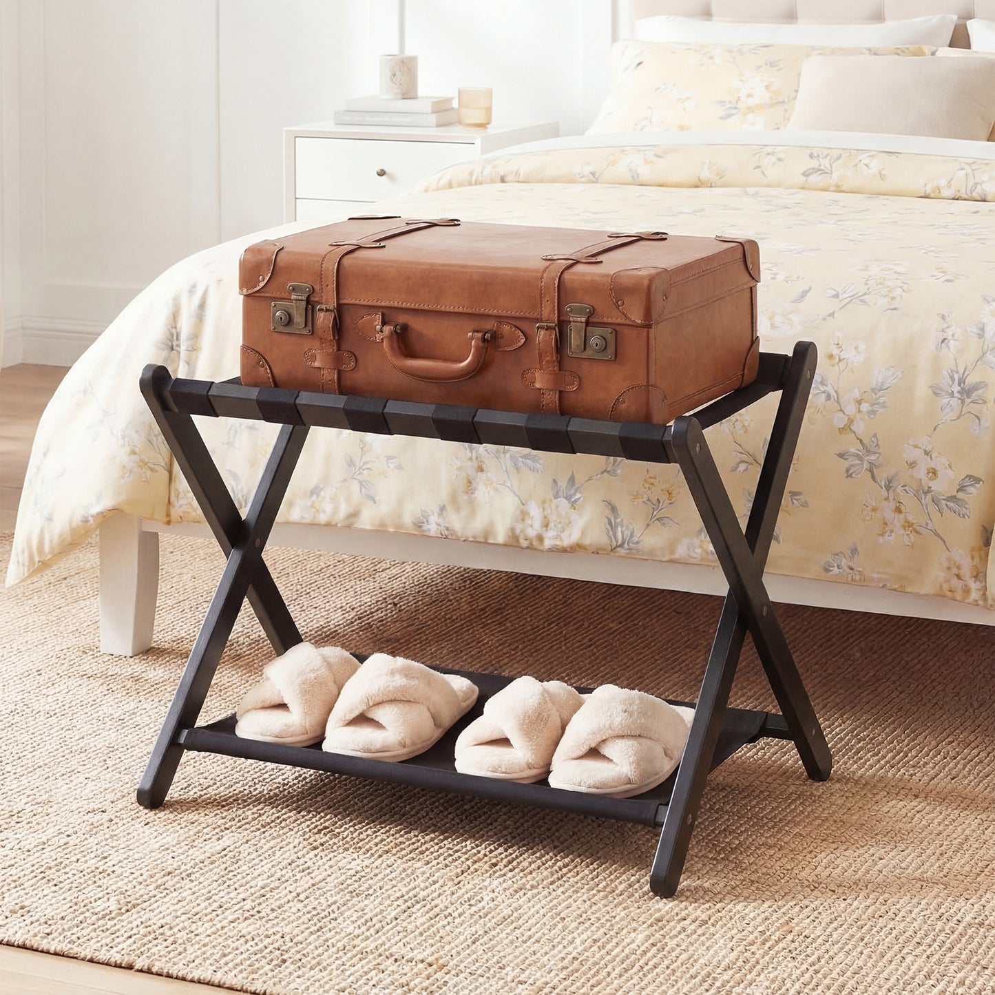 Costway Opvouwbare Kofferstandaard Bagagerek van Rubberboomhout met 2 Legplanken Kofferbok 67 x 46 x 52 cm Zwart