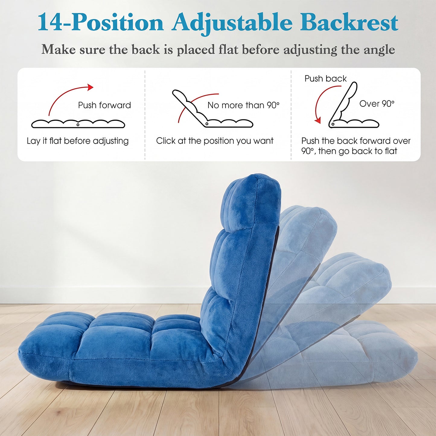 Costway Opvouwbare Vloerstoel van Flanel Tatami-luiebank met Verstelbare Rugleuning 14 Standen Blauw