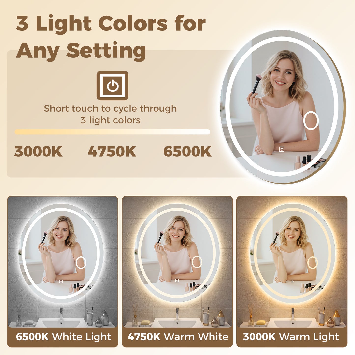 Costway Ovale LED Wandspiegel Dimbare Badkamer Spiegel met 3 Lichtkleuren Geheugenfunctie LED Spiegel