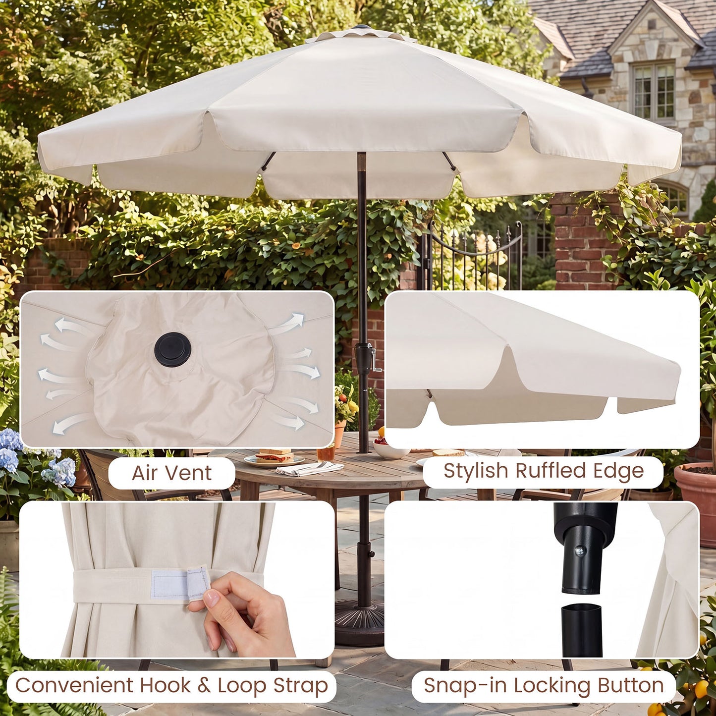 Costway Parasol 286 cm Tuinsol met Slinger & 30° Kantelbaar Zonwering Balkonsol met 8 Glasvezelribben Beige