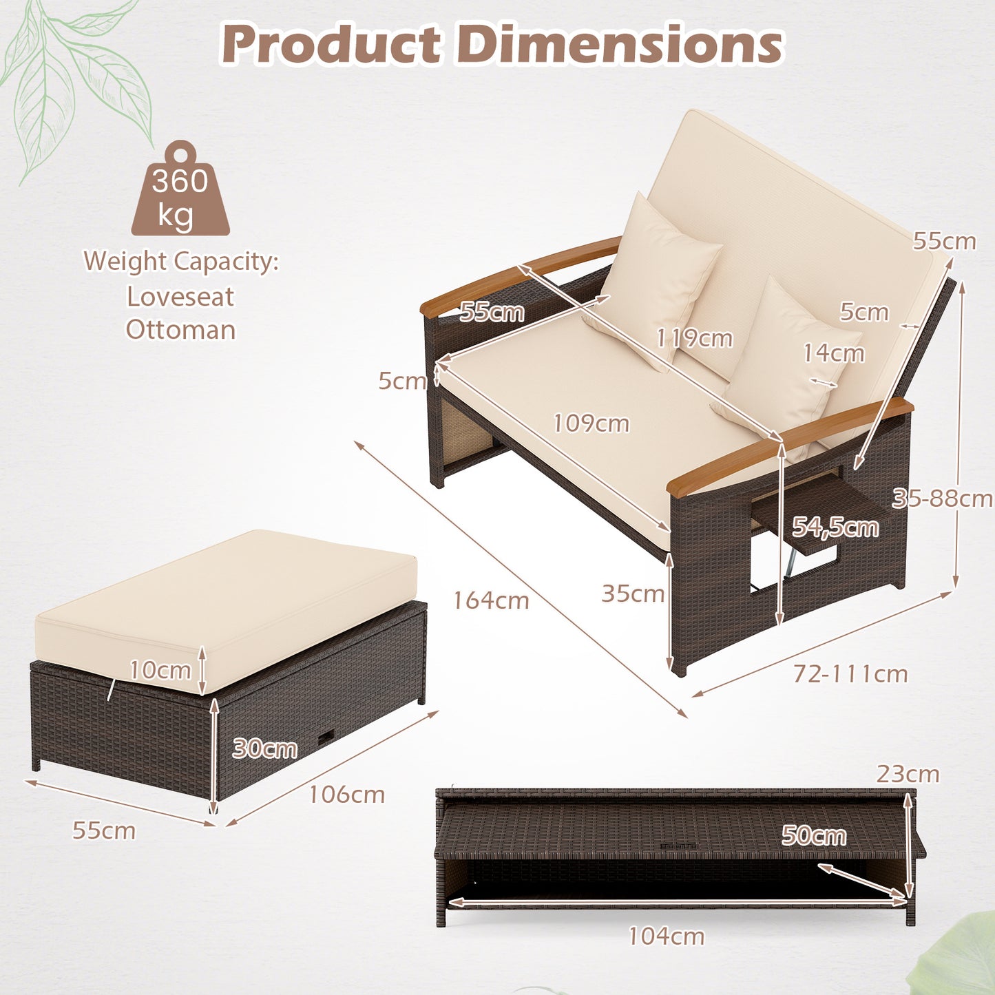 Costway Parasol met 3 Hoekinstellingen + 3-in-1 Dubbele Tuinligstoel Beige Set