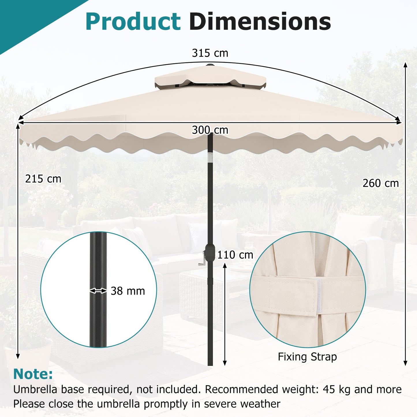 Costway Parasol van 3 x 3 m Terrasparasol met Verstelbare Hoek Stevige Metalen Stok Slinger Beige