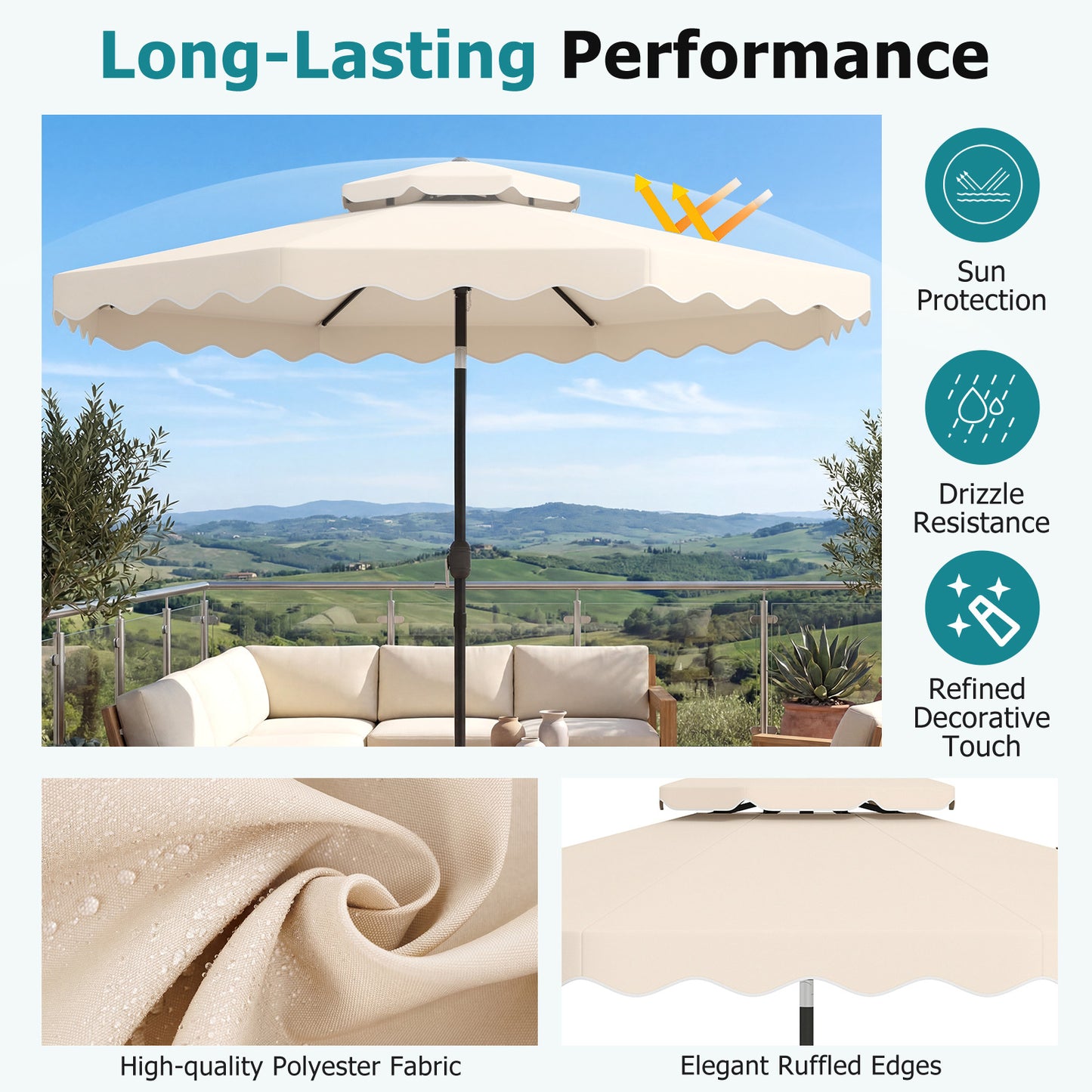 Costway Parasol van 3 x 3 m Terrasparasol met Verstelbare Hoek Stevige Metalen Stok Slinger Beige