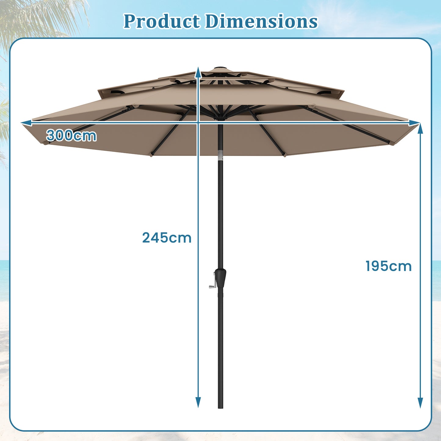 Costway Parasolvoet met een Watercapaciteit van 45 L voor Parasolstokken van 36/38/48 mm + Windbestendige Parasol met Drie Lagen en Slinger Bruin