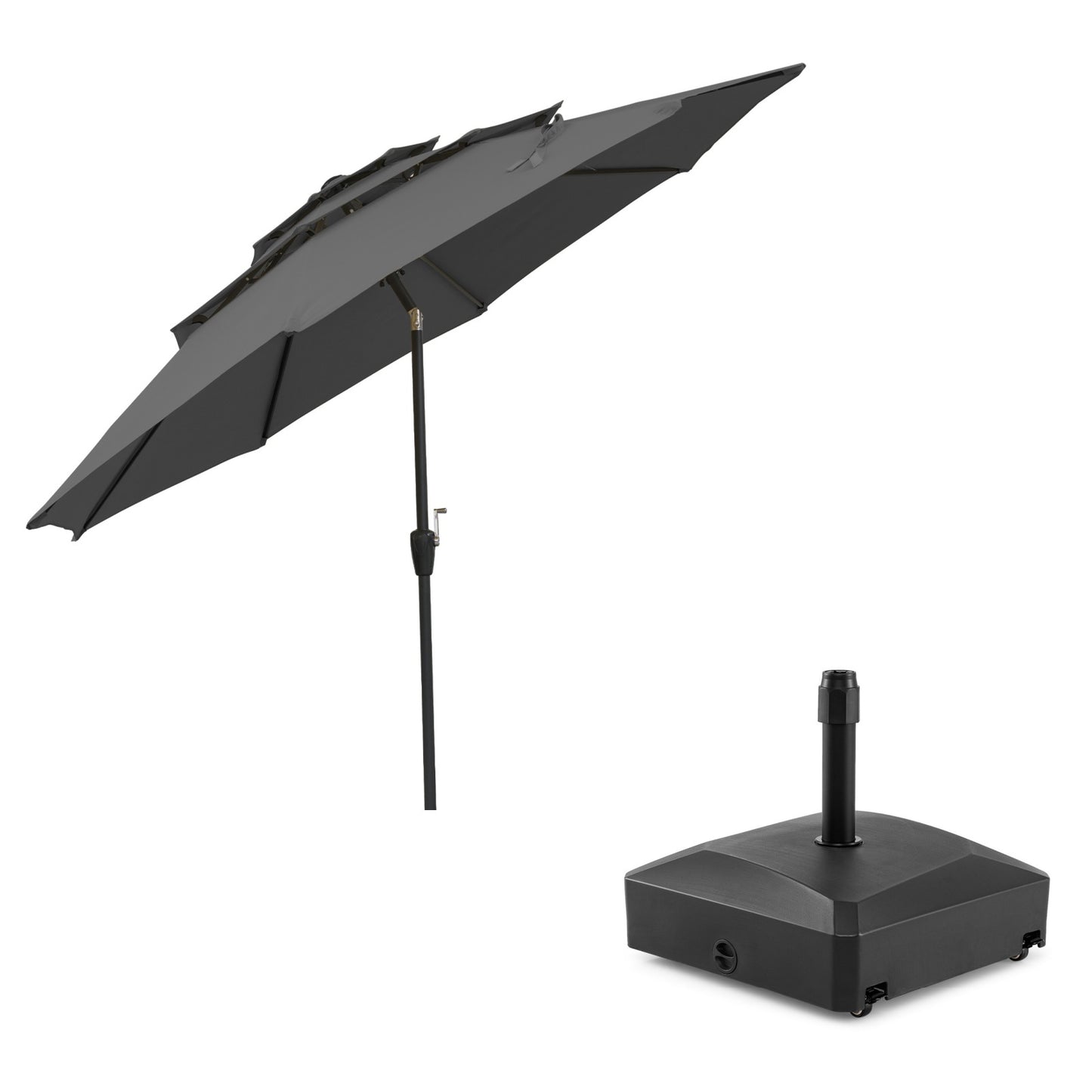 Costway Parasolvoet met een Watercapaciteit van 45 L voor Parasolstokken van 36/38/48 mm + Windbestendige Parasol met Drie Lagen en Slinger Grijs