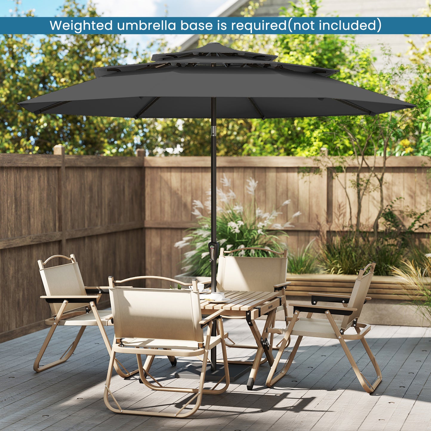 Costway Parasolvoet met een Watercapaciteit van 45 L voor Parasolstokken van 36/38/48 mm + Windbestendige Parasol met Drie Lagen en Slinger Grijs