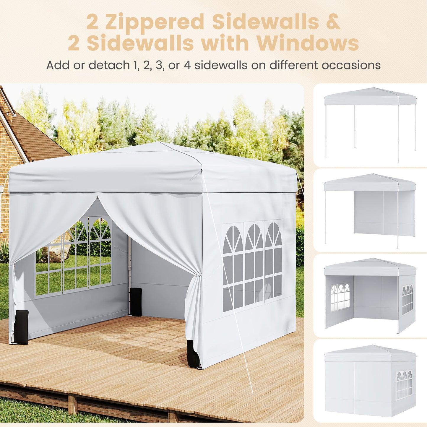 Costway Paviljoen 3 x 3 m Pop-up Vouwpaviljoen met 4 Afneembare Zijwanden 3-voudig in Hoogte Verstelbare Partytent