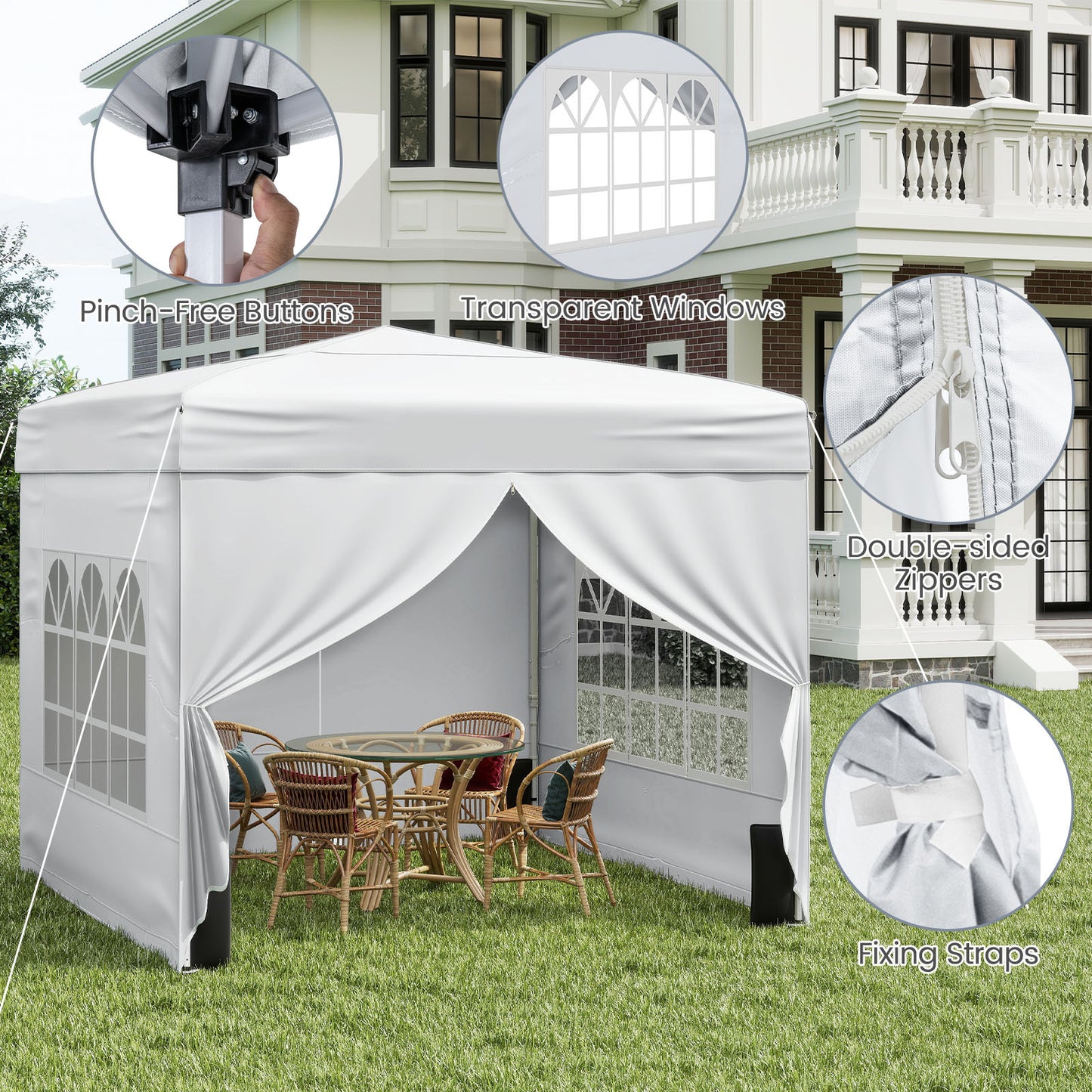 Costway Paviljoen 3 x 3 m Pop-up Vouwpaviljoen met 4 Afneembare Zijwanden 3-voudig in Hoogte Verstelbare Partytent