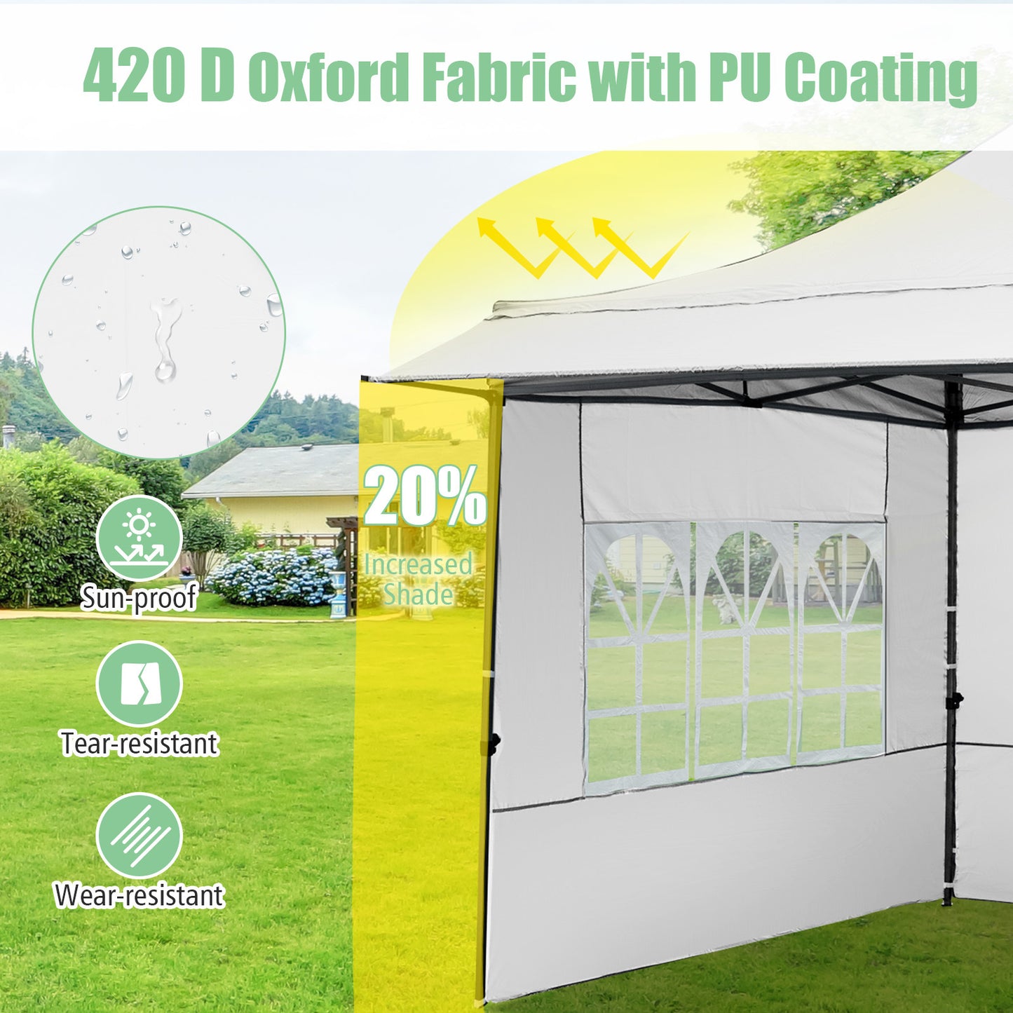 Costway Paviljoen 3x3 m Pop-up Tuinpaviljoen met 3 Zijwanden en 3-Traps Hoogteverstelling Wit