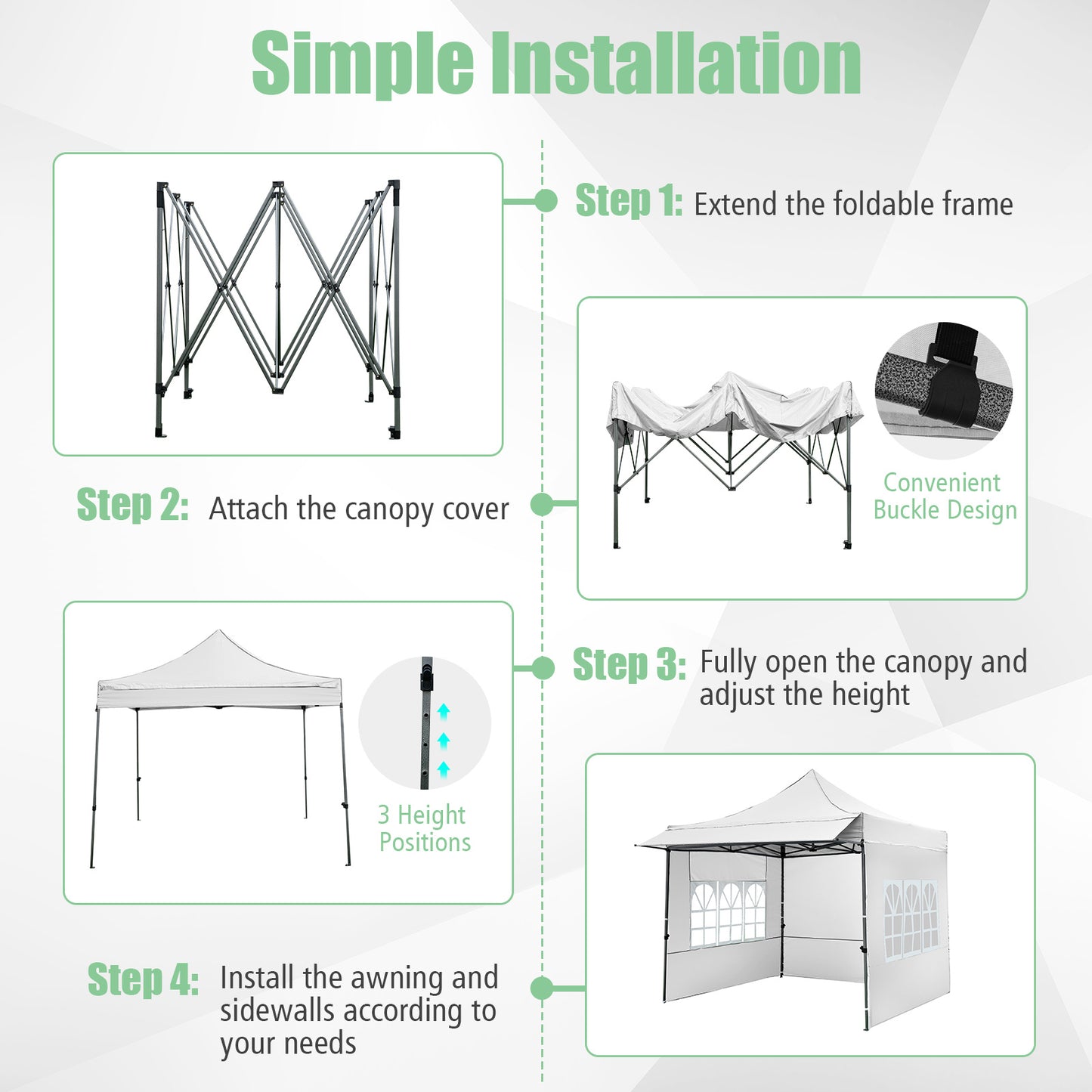 Costway Paviljoen 3x3 m Pop-up Tuinpaviljoen met 3 Zijwanden en 3-Traps Hoogteverstelling Wit