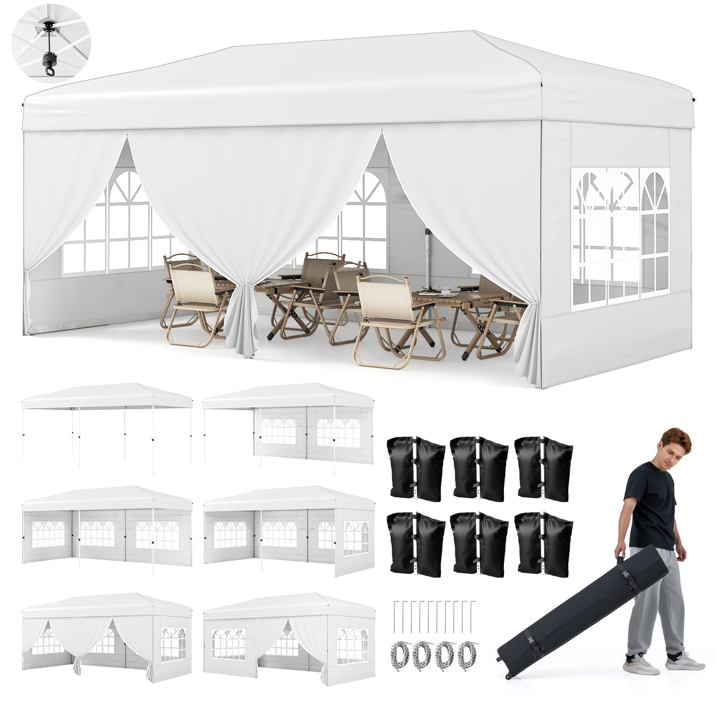 Costway Paviljoen 3x6m Pop-up Vouwpaviljoen met Metalen Frame 6 Zijwanden & 6 Zandzakken Wit