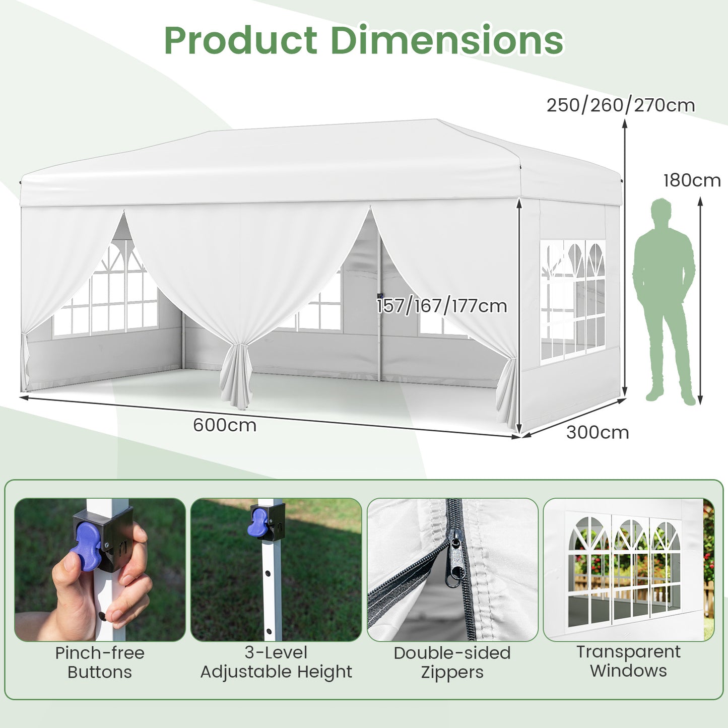Costway Paviljoen 3x6m Pop-up Vouwpaviljoen met Metalen Frame 6 Zijwanden & 6 Zandzakken Wit