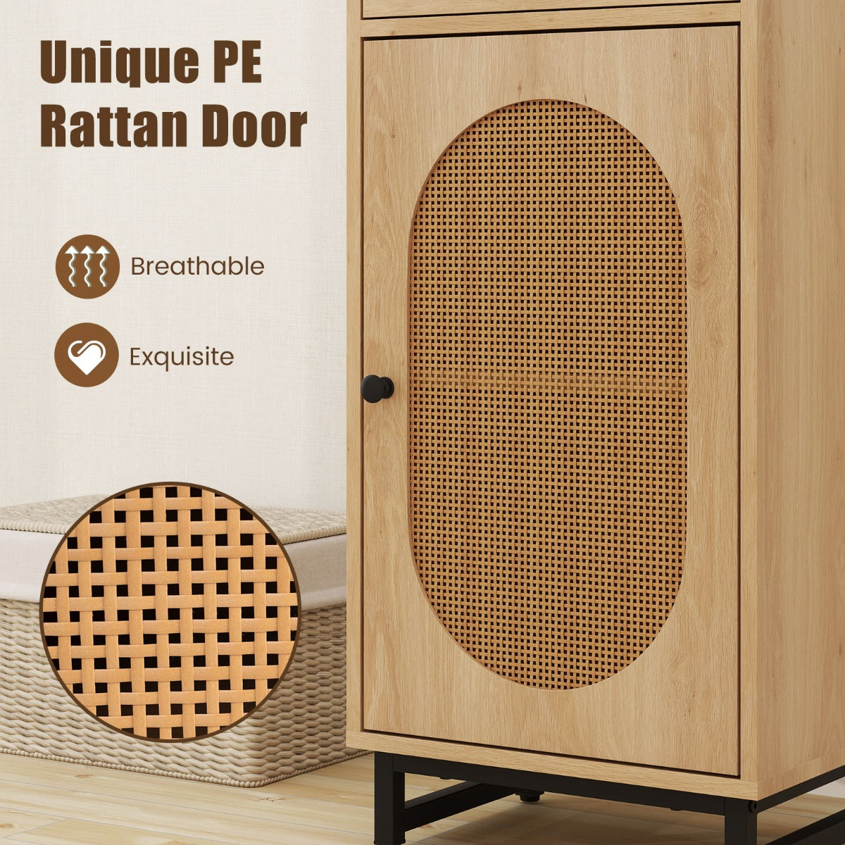 Costway PE Rotan Opbergkast Schuiflade PE Rotan Deur Metalen Ondersteuning Verstelbare Glijders Anti-Kantel Kit Opslageenheid 40 x 30 x 91 cm