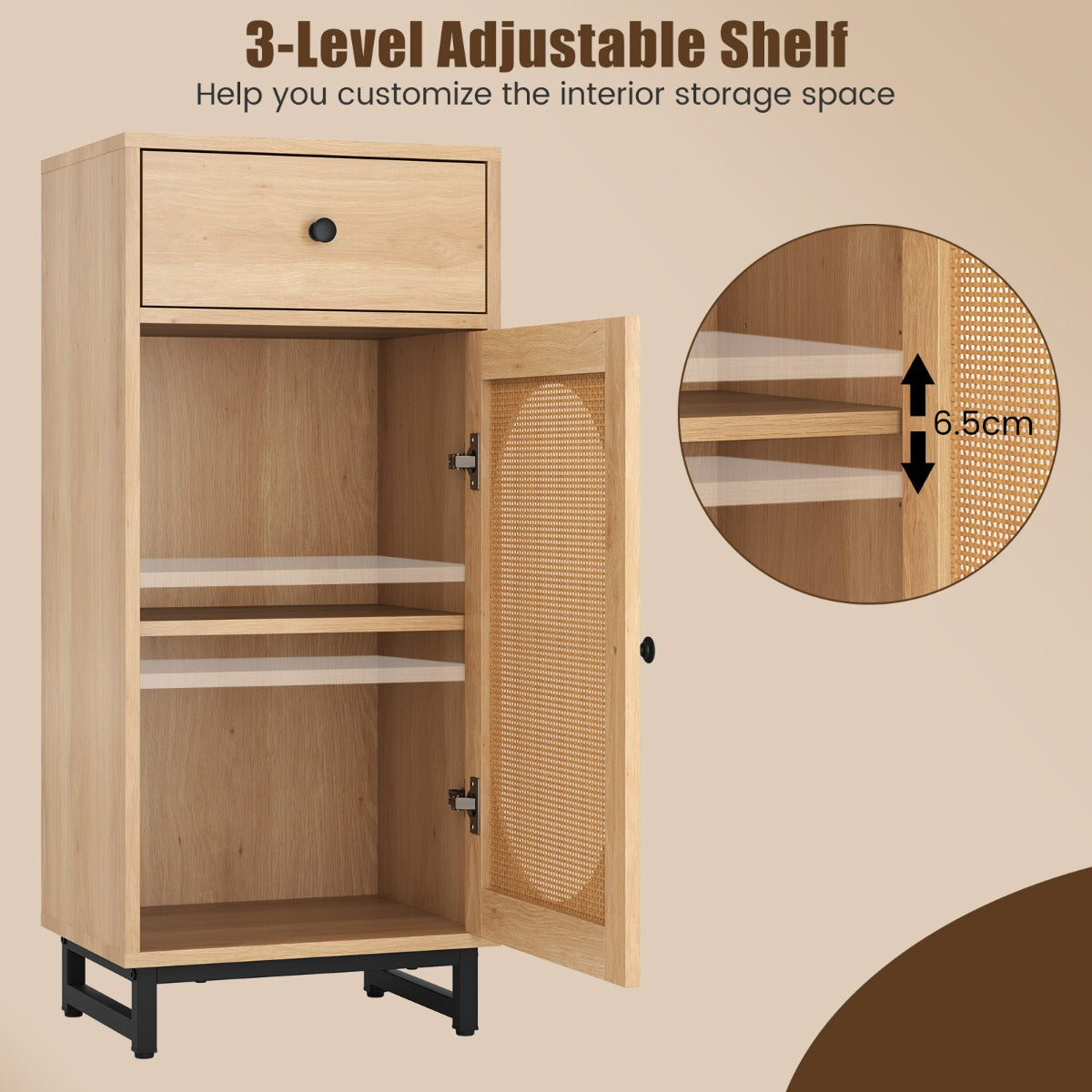 Costway PE Rotan Opbergkast Schuiflade PE Rotan Deur Metalen Ondersteuning Verstelbare Glijders Anti-Kantel Kit Opslageenheid 40 x 30 x 91 cm