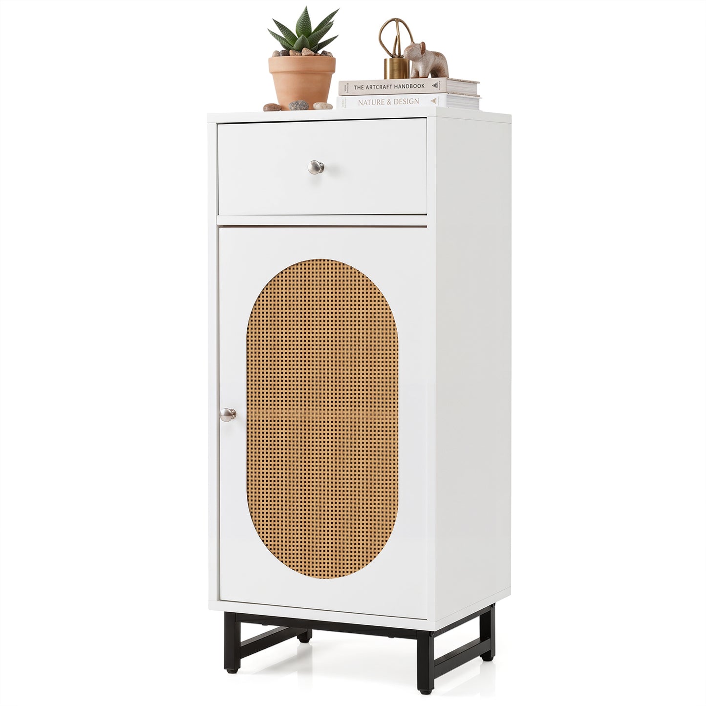 Costway PE Rotan Opbergkast Schuiflade PE Rotan Deur Metalen Ondersteuning Verstelbare Glijders Anti-Kantel Kit Opslageenheid 40 x 30 x 91 cm Wit