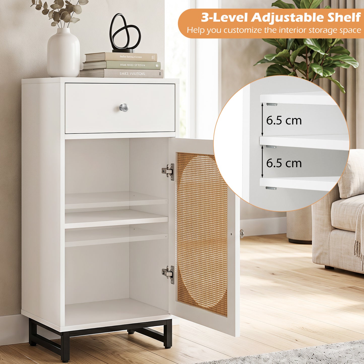 Costway PE Rotan Opbergkast Schuiflade PE Rotan Deur Metalen Ondersteuning Verstelbare Glijders Anti-Kantel Kit Opslageenheid 40 x 30 x 91 cm Wit
