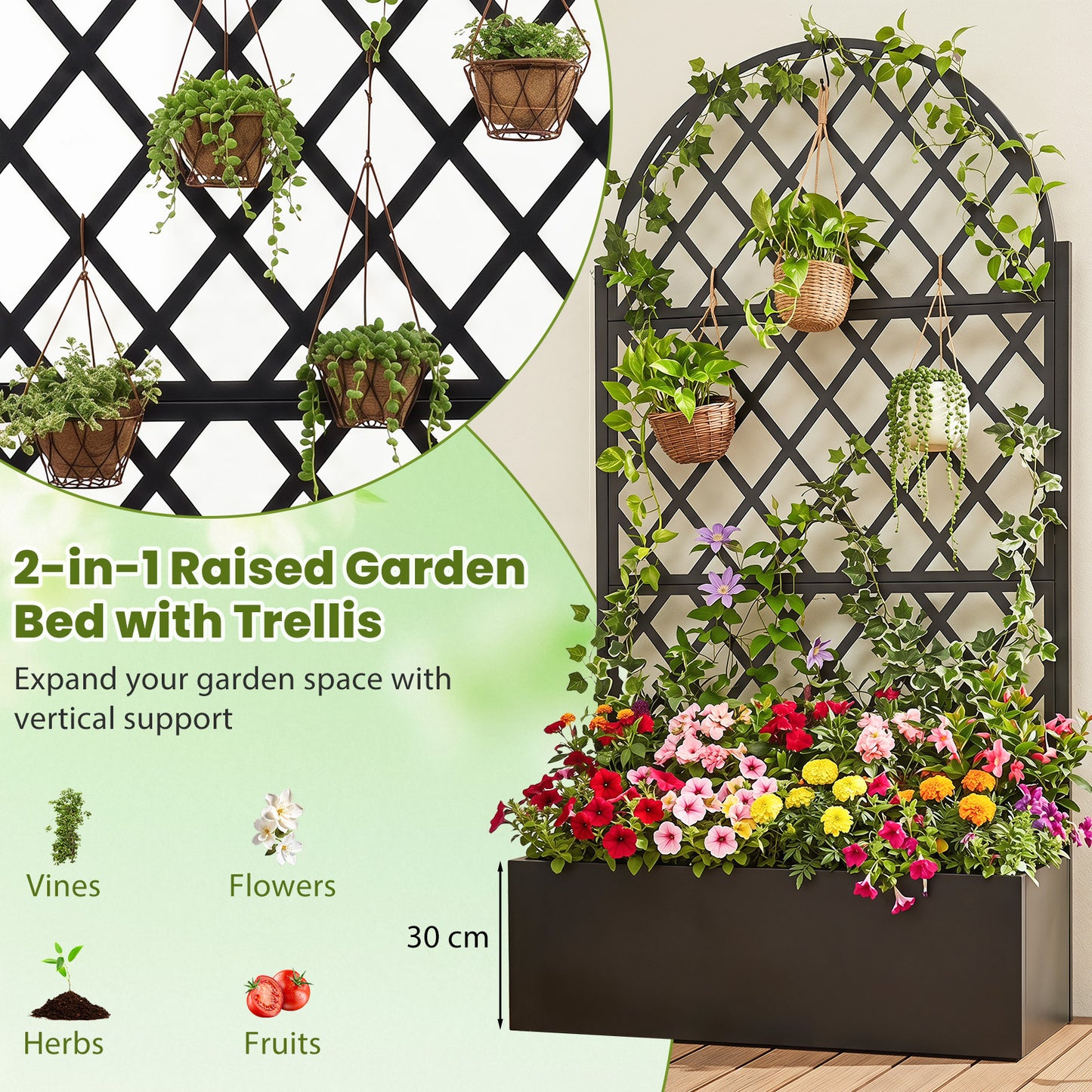 Costway Plantenbak met Klimrek Privacybescherming met Bloembak van Metaal Tuinscherm met Afvoergaten Klimsteun voor Klimplanten voor Tuin terras Balkon Zwart