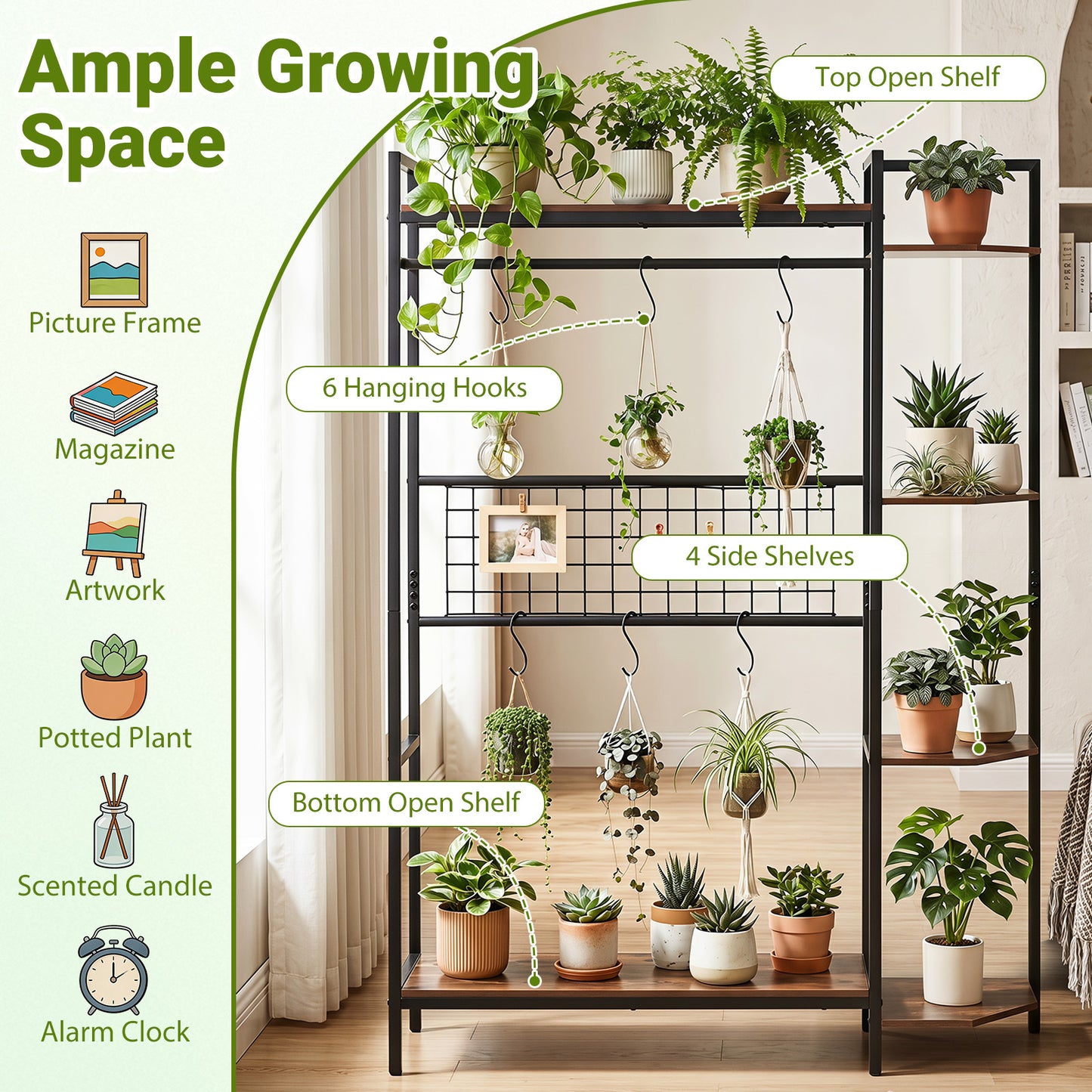 Costway Plantenstandaard Plantenrek met 6 S-haakjes & Spalier Bloemenstandaard met Metalen Frame & Kantelbeveiligingen