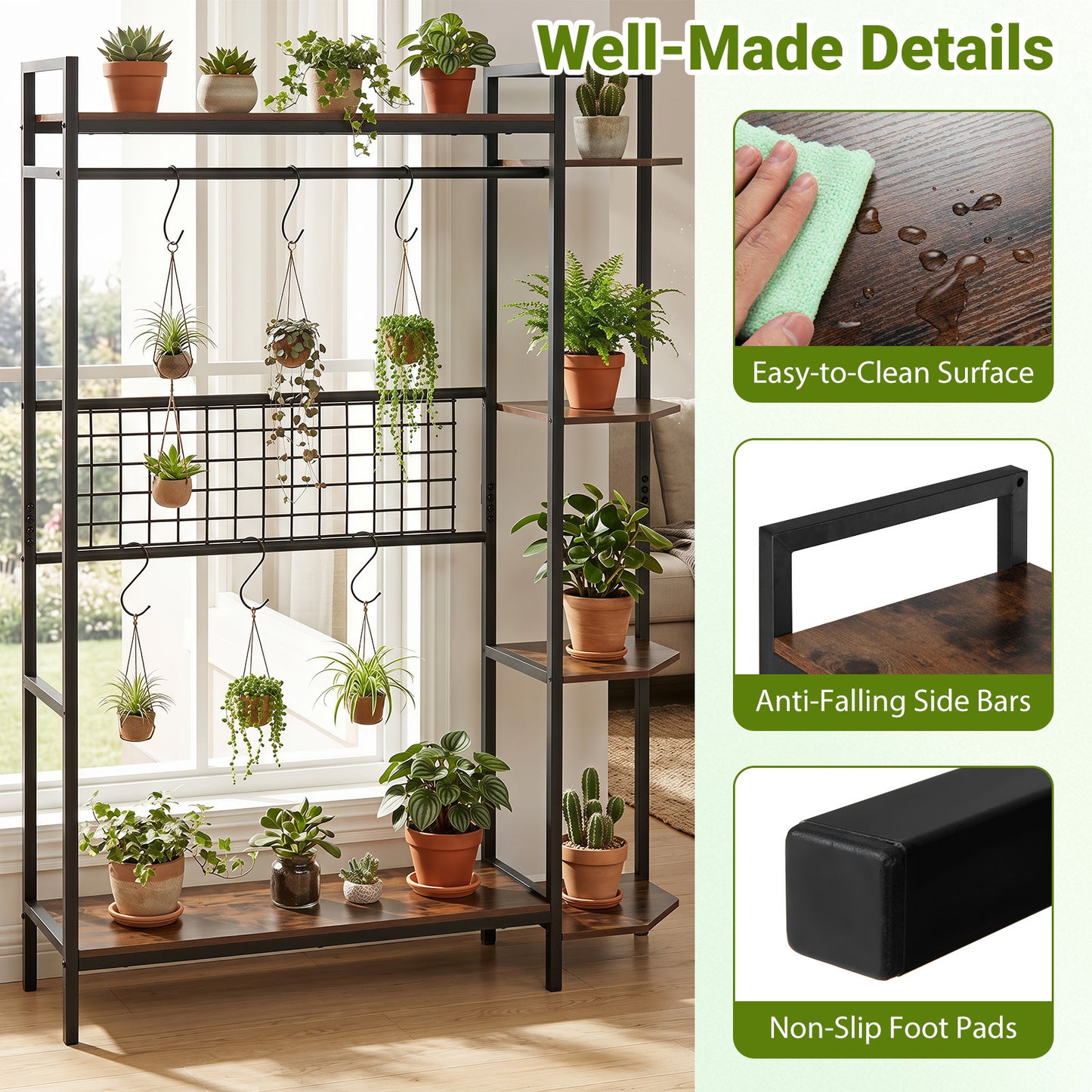 Costway Plantenstandaard Plantenrek met 6 S-haakjes & Spalier Bloemenstandaard met Metalen Frame & Kantelbeveiligingen