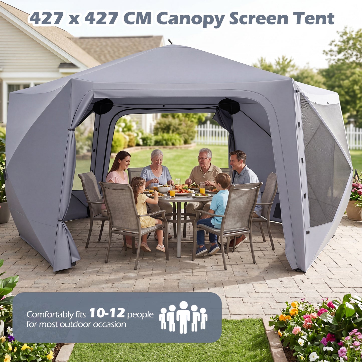 Costway Pop-up Paviljoen 427 x 427 cm Tuinpaviljoen voor 10-12 Personen Feesttent met 6 Zijwanden en Muskietennetten Kampeertent