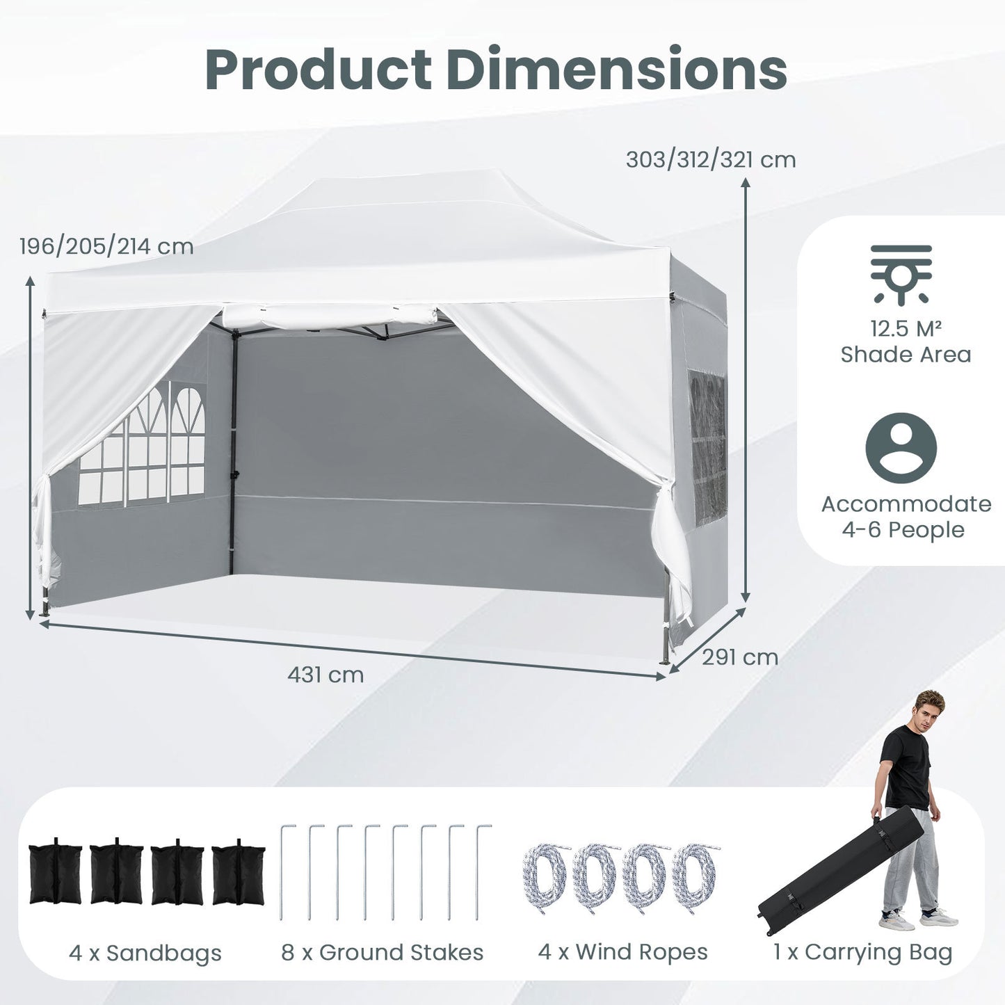 Costway Pop-up-tent van 3 x 4,5 m Weerbestendige Vouwtent met 4 Zijwanden Metalen Frame en Zandzakken Wit