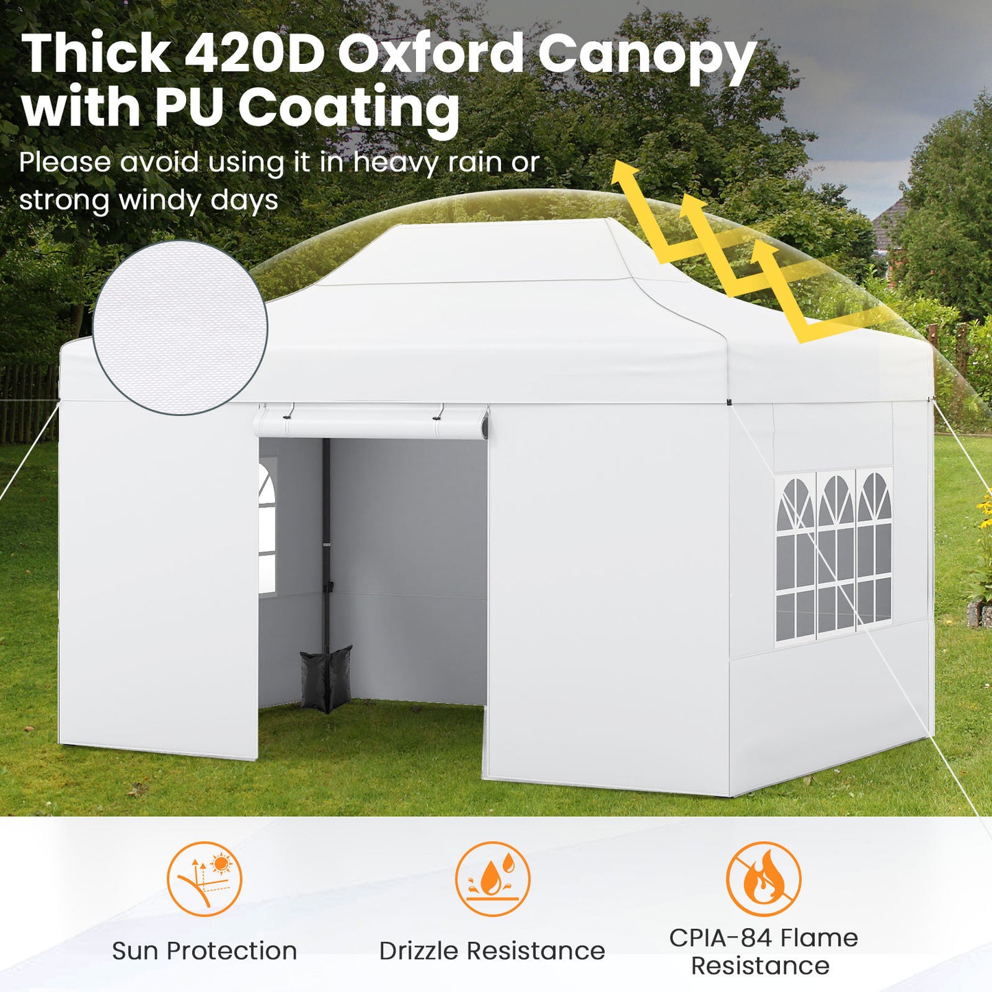 Costway Pop-up-tent van 3 x 4,5 m Weerbestendige Vouwtent met 4 Zijwanden Metalen Frame en Zandzakken Wit