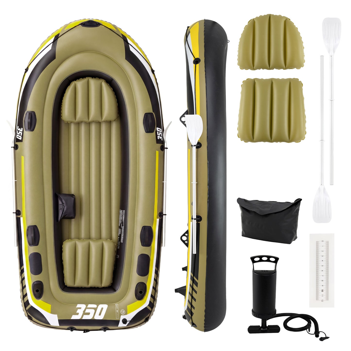 Costway PVC-opblaasboot voor 4 Personen Opblaasbaar Vissersboot met 3 Luchtkamers 2 Peddels & Luchtpomp 305 x 136 x 42 cm