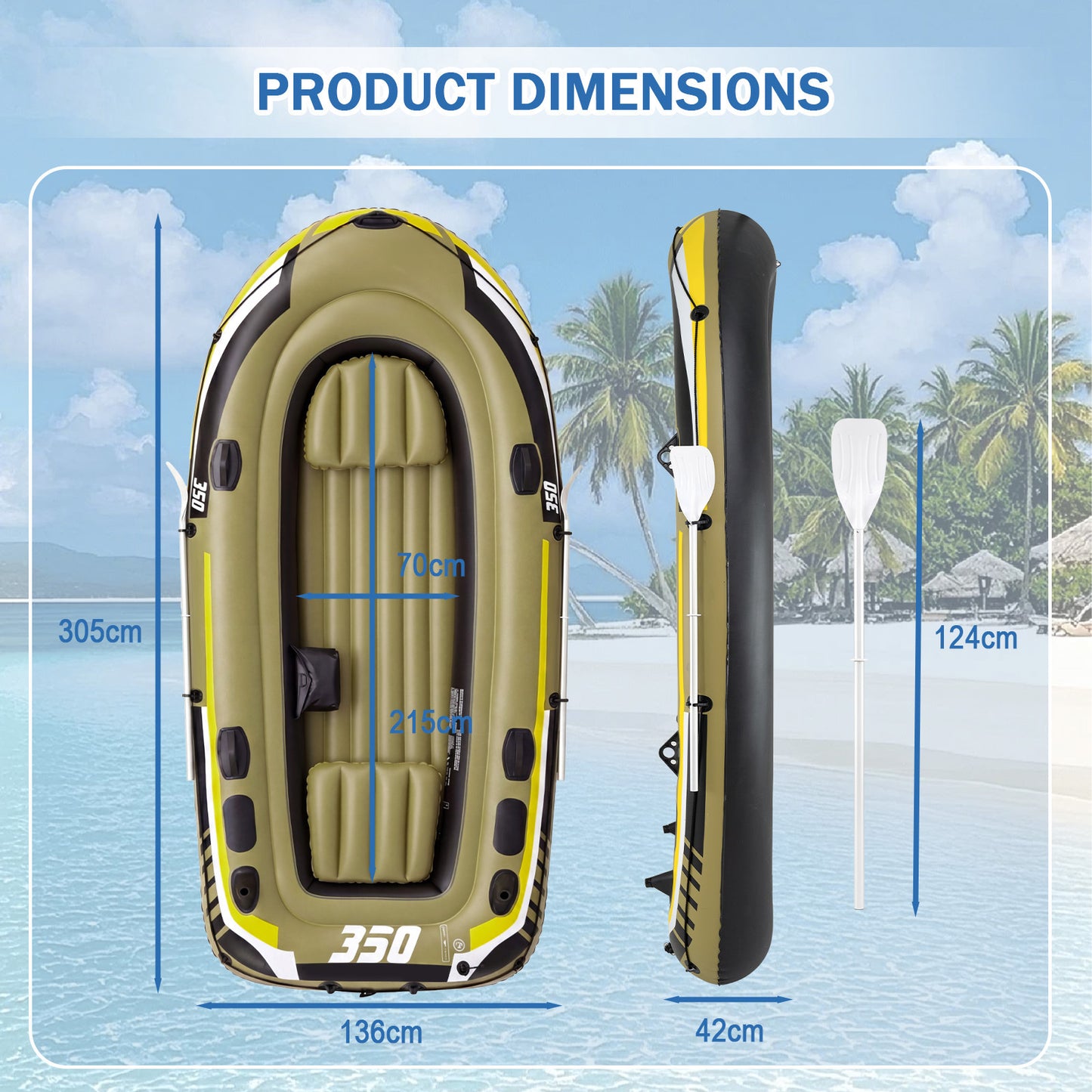 Costway PVC-opblaasboot voor 4 Personen Opblaasbaar Vissersboot met 3 Luchtkamers 2 Peddels & Luchtpomp 305 x 136 x 42 cm